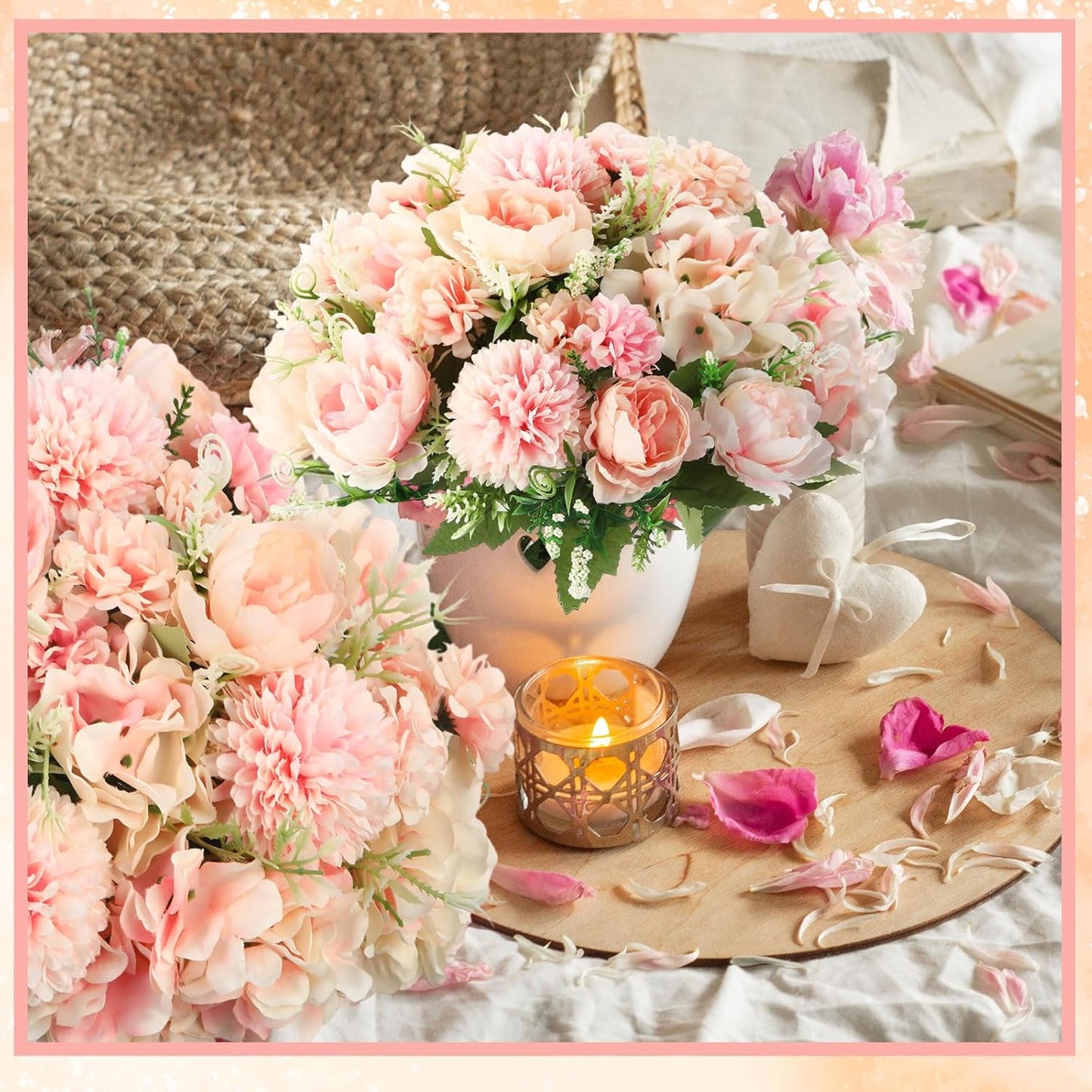 Tigeen Artificial Flowers Artificial Peonies Silk Flowers Faux Peony Fake Peony Silk Hydrangea Bouquet for Wedding Table Centerpiece Floral Vase Decor(Pink,24 Bundles)