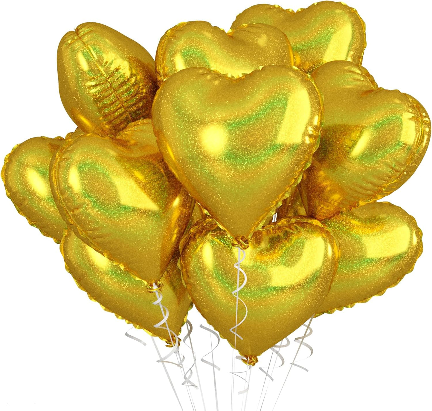 Biapian Glitter Gold Heart Balloons - 10PCS Foil, 18inch Valentines Love Balloons for Valentines Day, Wedding, Graduation, Birthday, Baby Shower Party Decorations