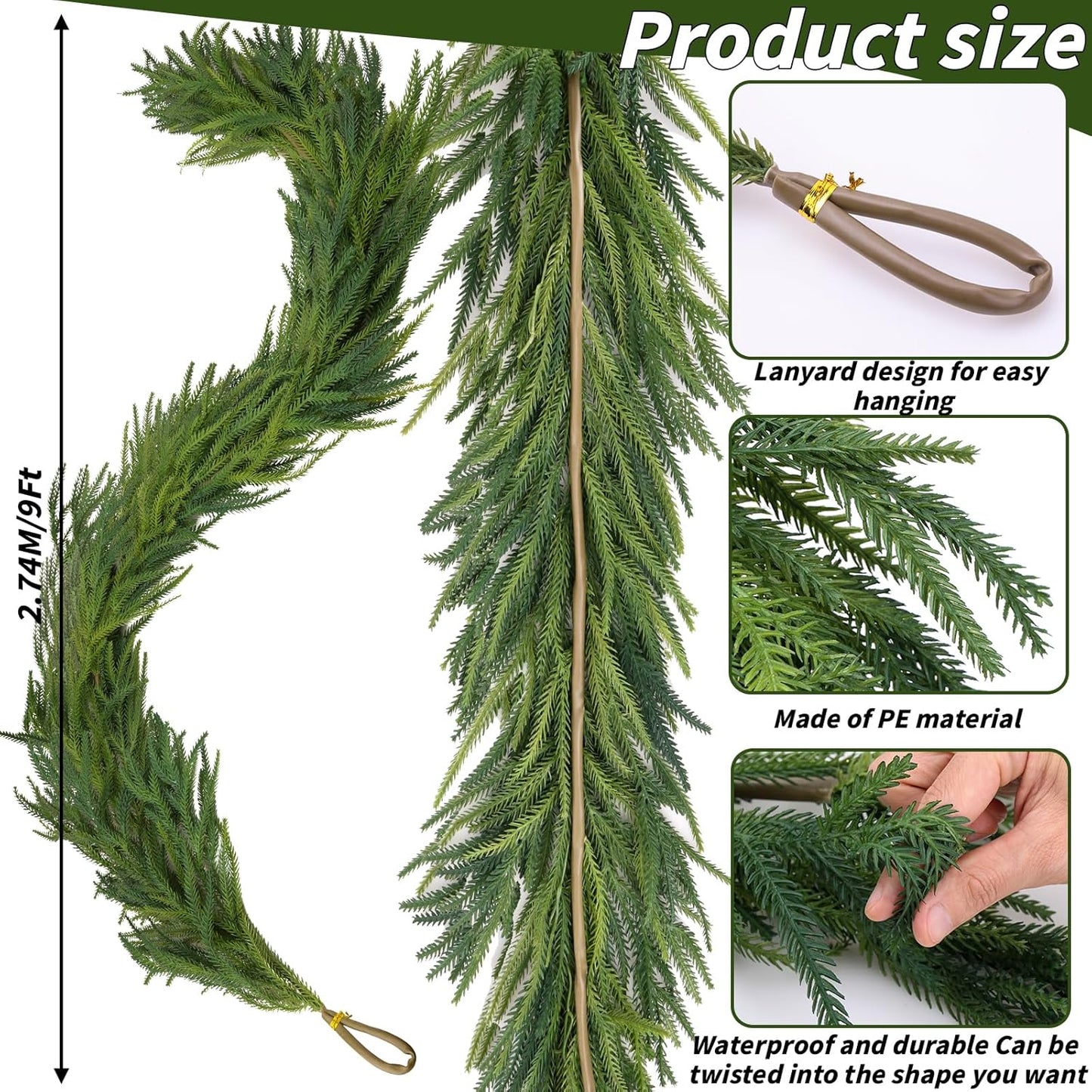 1 Pcs Artificial Norfolk Pine Garlands Christmas, 9 FT Dense Real Touch Winter Pine Garland Ornament, Green Artificial Greenery Garland for Table, Mantle, Wall, Indoor, Outdoor Christmas Decorations
