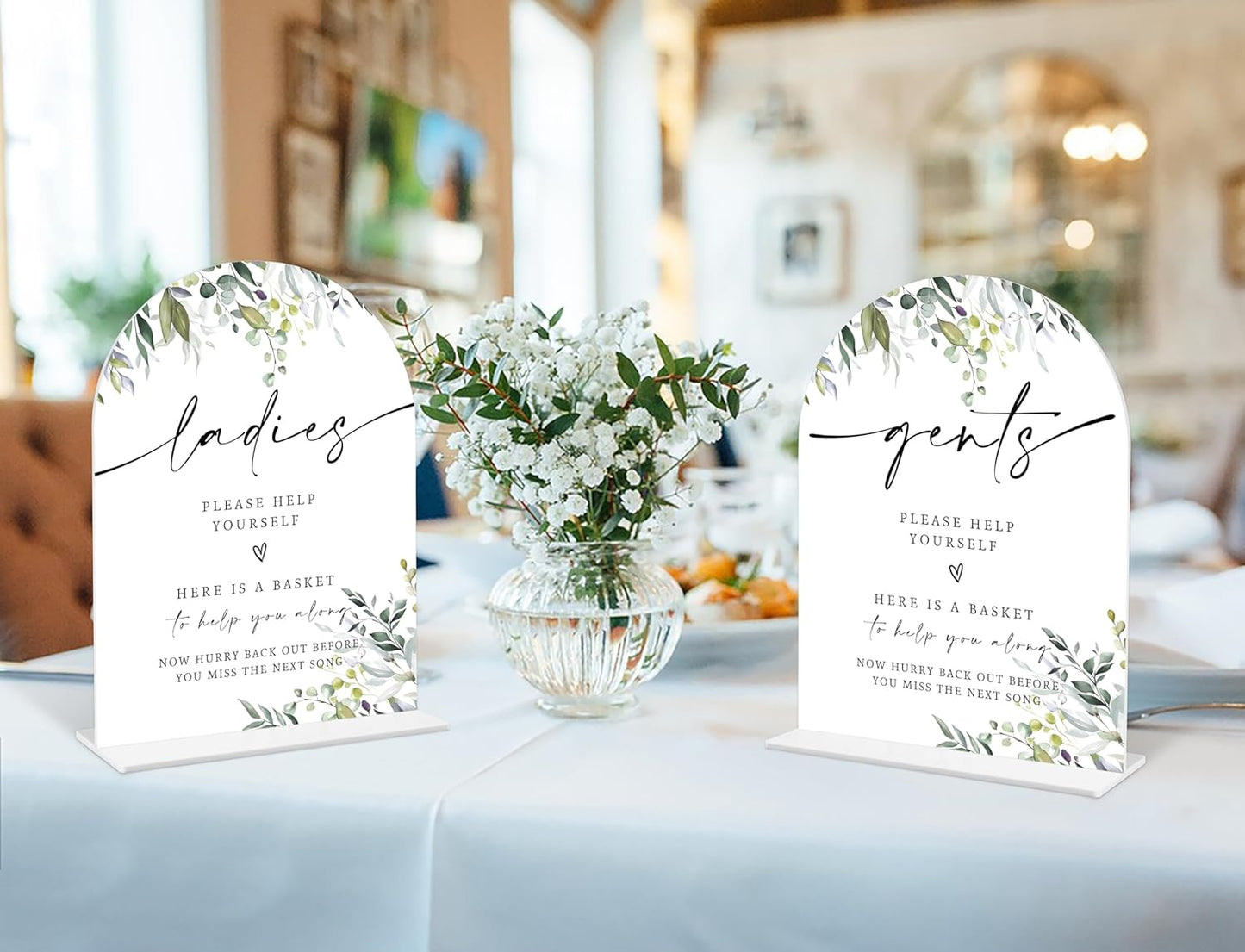 2 Pcs Greenery Wedding Bathroom Ladies & Gents Signs, 6 x 8 Inch White Arch Acrylic Wedding Sign with Holder, Wedding Sign for Ceremony and Reception, Wedding Decoration, Wedding Supplies - LY32