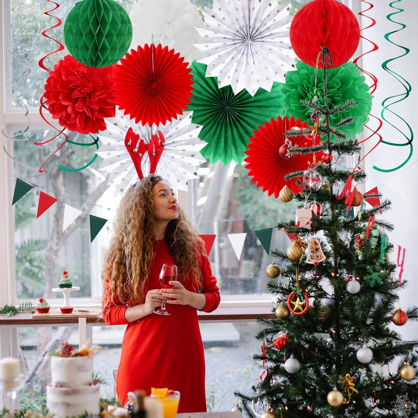 Red-Green White Christmas Party-Decorations - 33pcs Banner,Mexico Italy Streamers Tassel Garland,Tissue Pom Poms Honeycomb,Paper Lantern Fans,Mexican Italian Birthday Wedding Baby Shower Decor Hugtmr