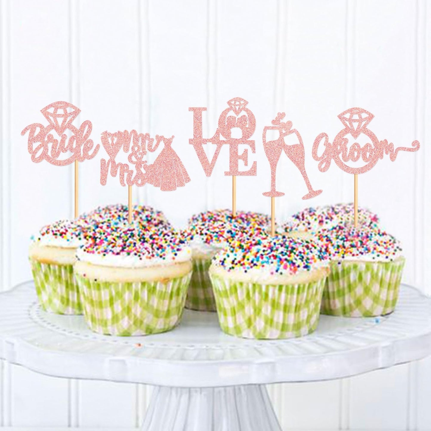 25 PCS Bride to Be Groom to Be Cupcake Toppers with Ring Dress Bridal Shower Cupcake Picks Wedding Engagement Anniversary Party Cake Decorations Supplies Rose Gold