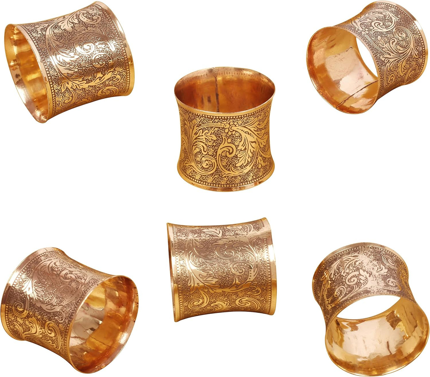 Brass Base Traditional Pretty Handcrafted Etched Petals Floral Pattern Large Size Party Dining Table Napkin Holders in Gold Tone. (Set of 6).