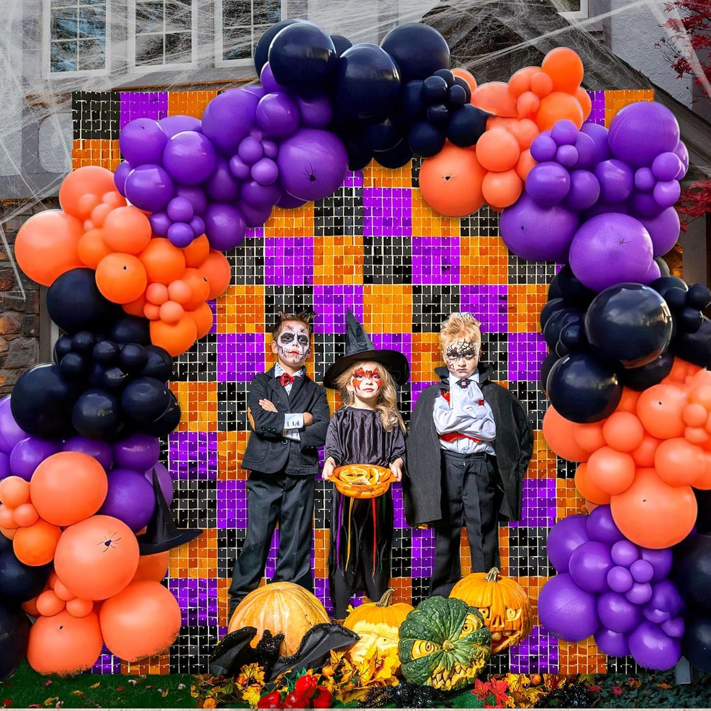 12PCS Black Orange Purple Shimmer Wall Backdrop, Laser Square Sequin Photo Backdrops Panel, Glitter Wall Background for Birthdays, Weddings, Halloween Party Decor (3FTx4FT)