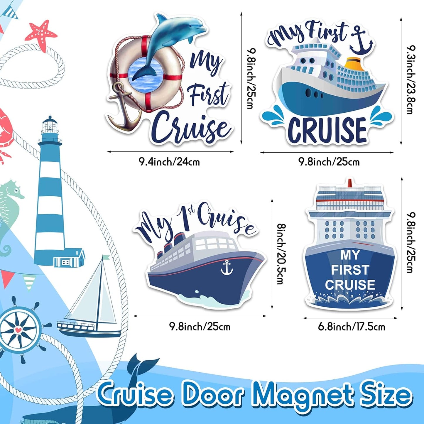 Hoteam 4 Pcs My First Cruise Door Decorations Magnetic Large My 1st Cruise Door Magnets Decor Funny Waterproof Anchor Life Preserver Ring Nautical Magnets for Carnival Cabin Stateroom Fridge Car
