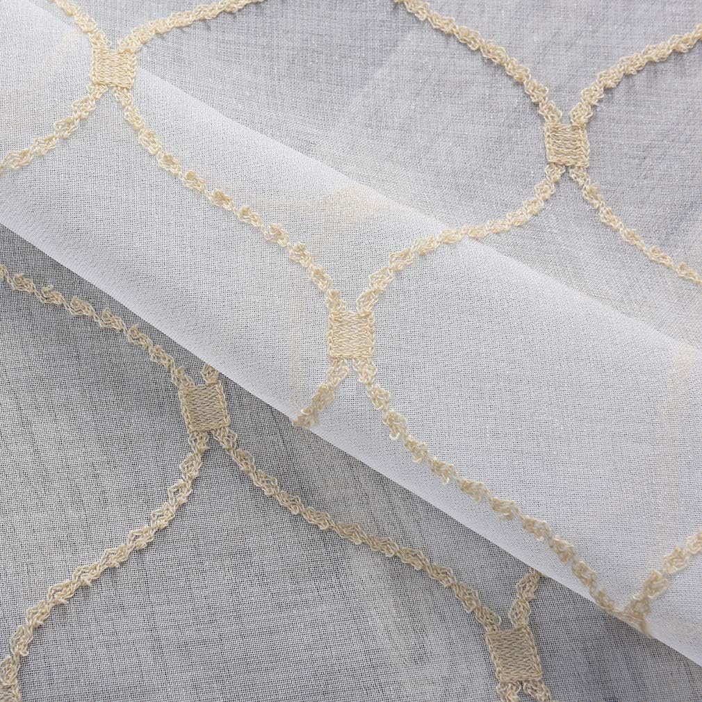 Sheer Curtains Gold 45 Inches, Embroidered Wave Diamond Rod Pocket Voile Drapes for Living room, Bedroom, Window Treatments Semi Curtain Panels for Yard, Patio, Villa, Parlor, Set of 2, 52"x 45".