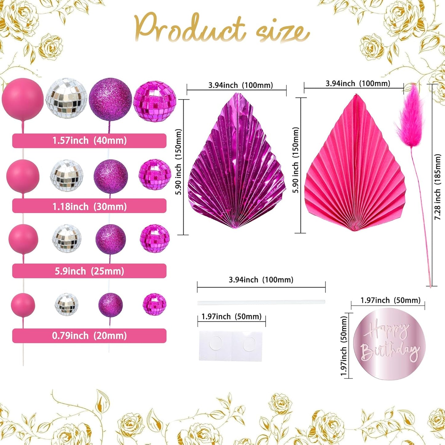 Ephlyn 33 Pack Balls Cake Toppers Boho Palm Leaves Cake Decorations Round Acrylic Happy Birthday Cupcake Toppers for Birthday Wedding Baby Shower Party Supplies Rose Red