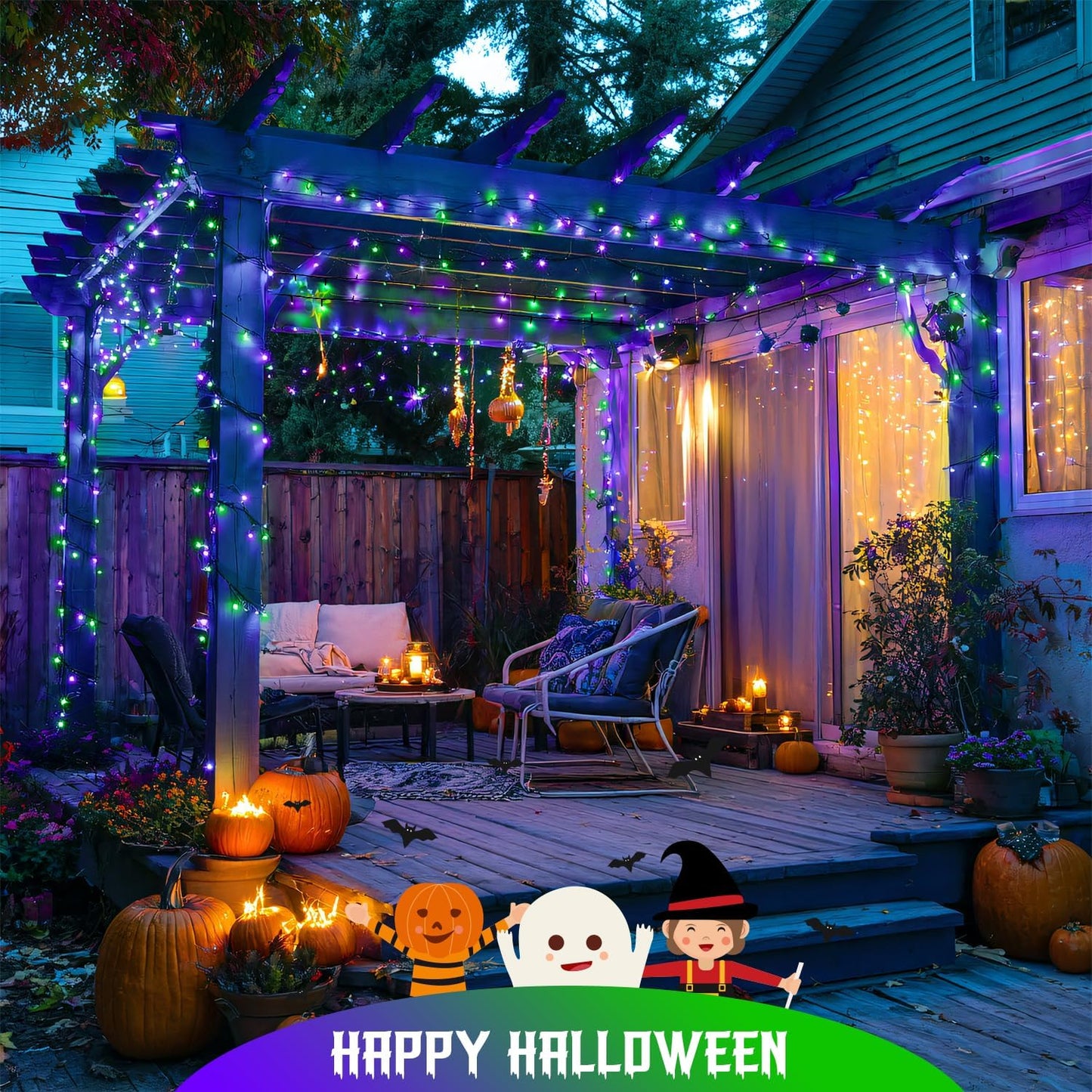 JMEXSUSS Purple and Green Halloween Lights, Total 66 FT 200 LED Solar Halloween Lights Outdoor, 2 Pack Solar Christmas Light Outdoor Waterproof for Yard Garden Tree Decor