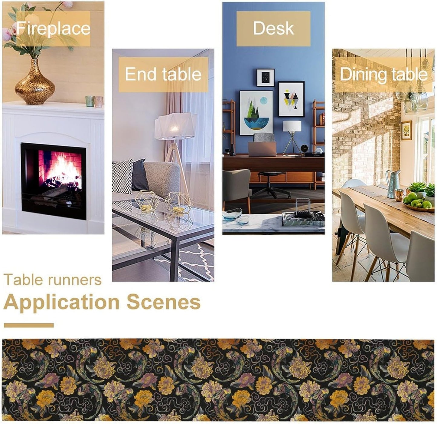 Japanese Table Runner Retro Flowers Oriental Tradition Kio Fish Art Printed Burlap Runner Home Kitchen Dining Table Living Room Decor Fabric 1 Panel W13xL60in