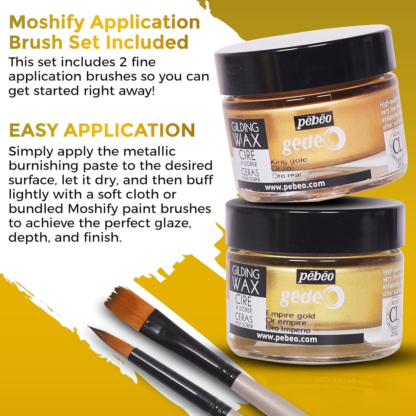 Pebeo Gilding Wax 30ml – Empire Gold Gilding Wax for Crafting, Antiquing Wax for Crafts and Professional Finish – Gilding Wax for Wood, Metal, and More Bundled with Moshify Application Brushes