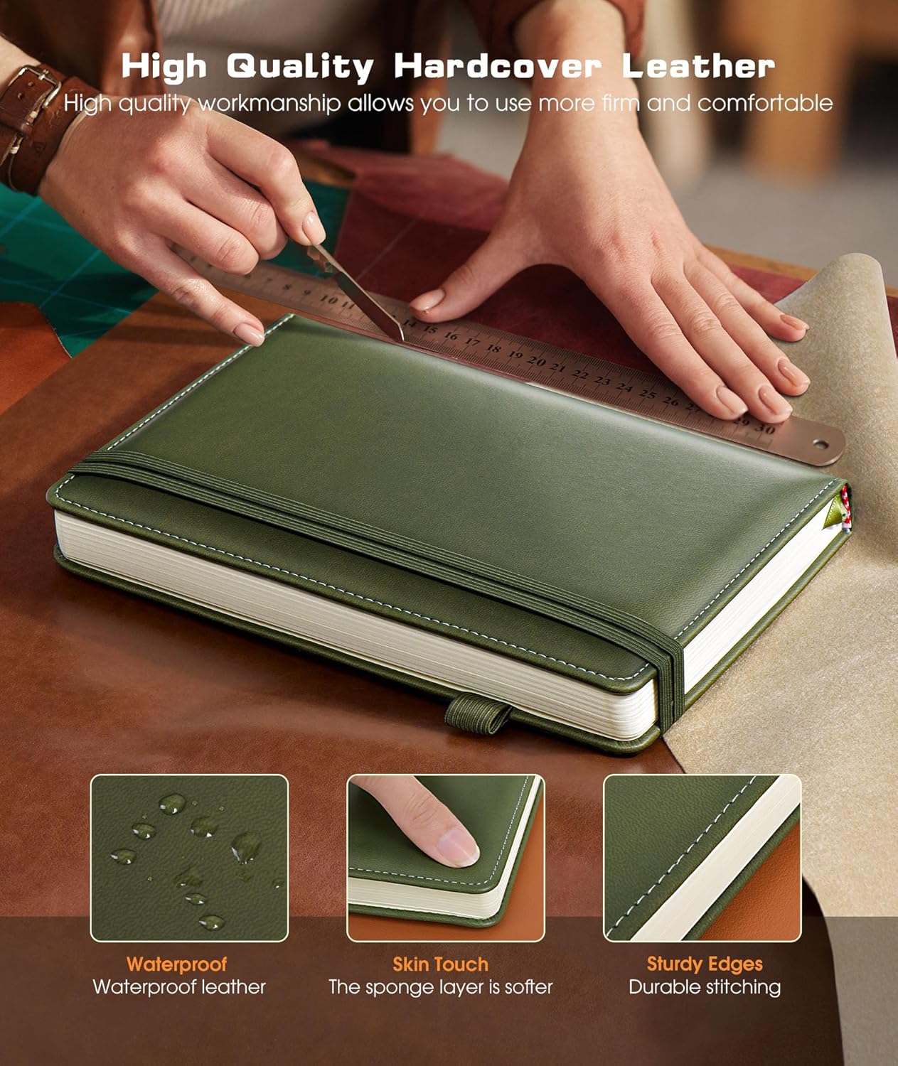 Lined Journal Notebook for Women Men, 256 Numbered Pages Hardcover Leather Journals for Writing, A5 Journaling Notebooks, College Ruled Journal for Business Work School 5.75" x 8.38" Olive Green