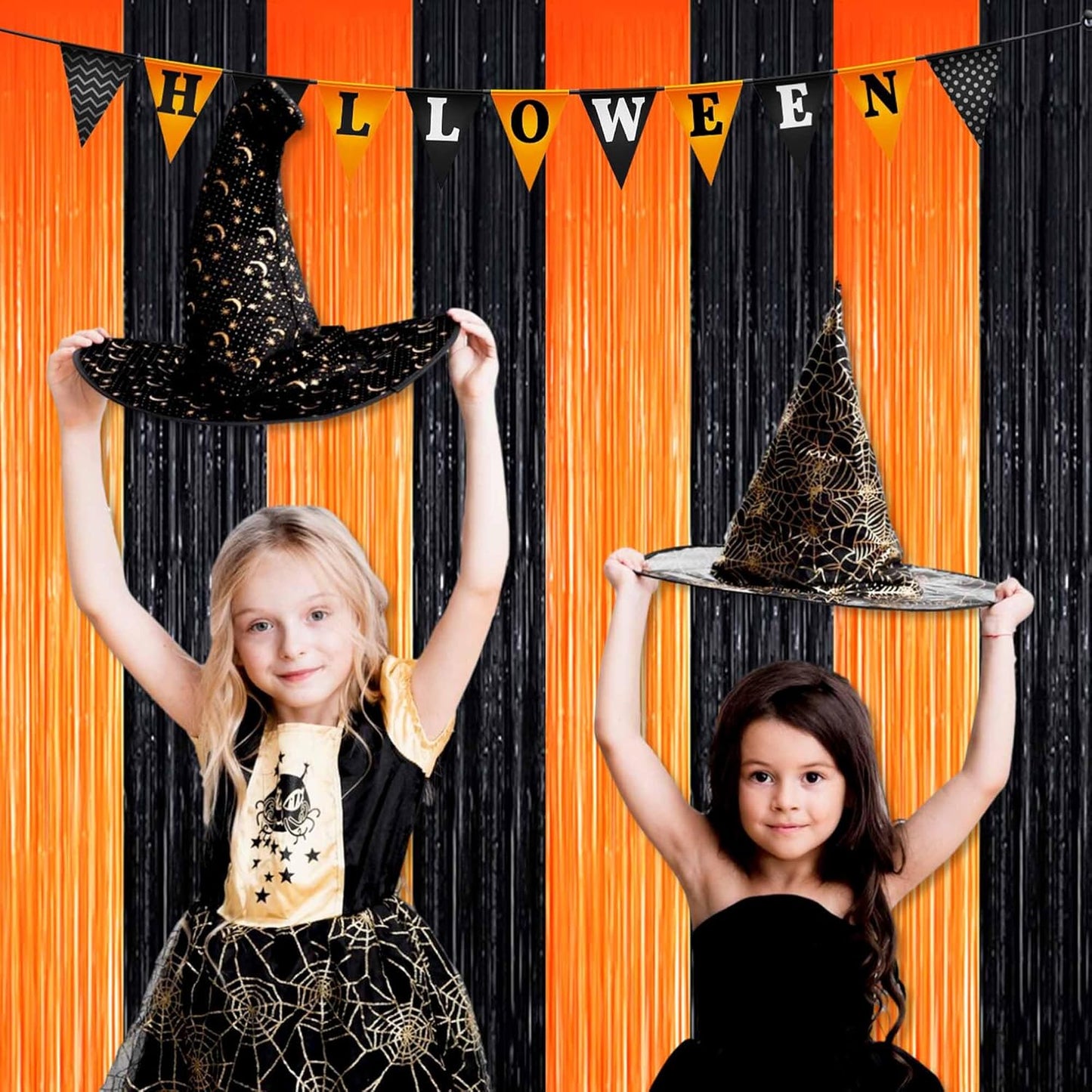 6 Pack Black Orange Foil Fringe Curtains Backdrop, 3.28 x 8.2 Ft Metallic Streamers Tinsel Curtains Background for Photo Booth, Birthday, Weddings, Carnivals, Graduation, Themed Party Decorations