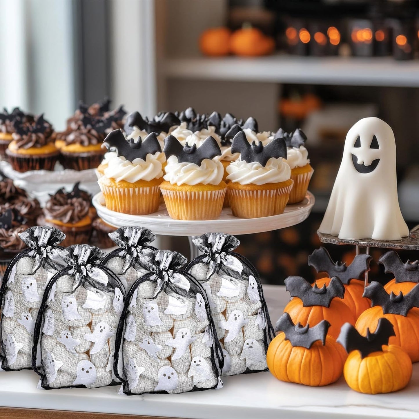 Whaline 100Pcs Halloween Organza Drawstring Bags Cute Foil Silver Ghost Jewelry Gift Bag 4''x6'' Small Mesh Favor Bags for Trick or Treat Birthday Baby Shower Party Supplies