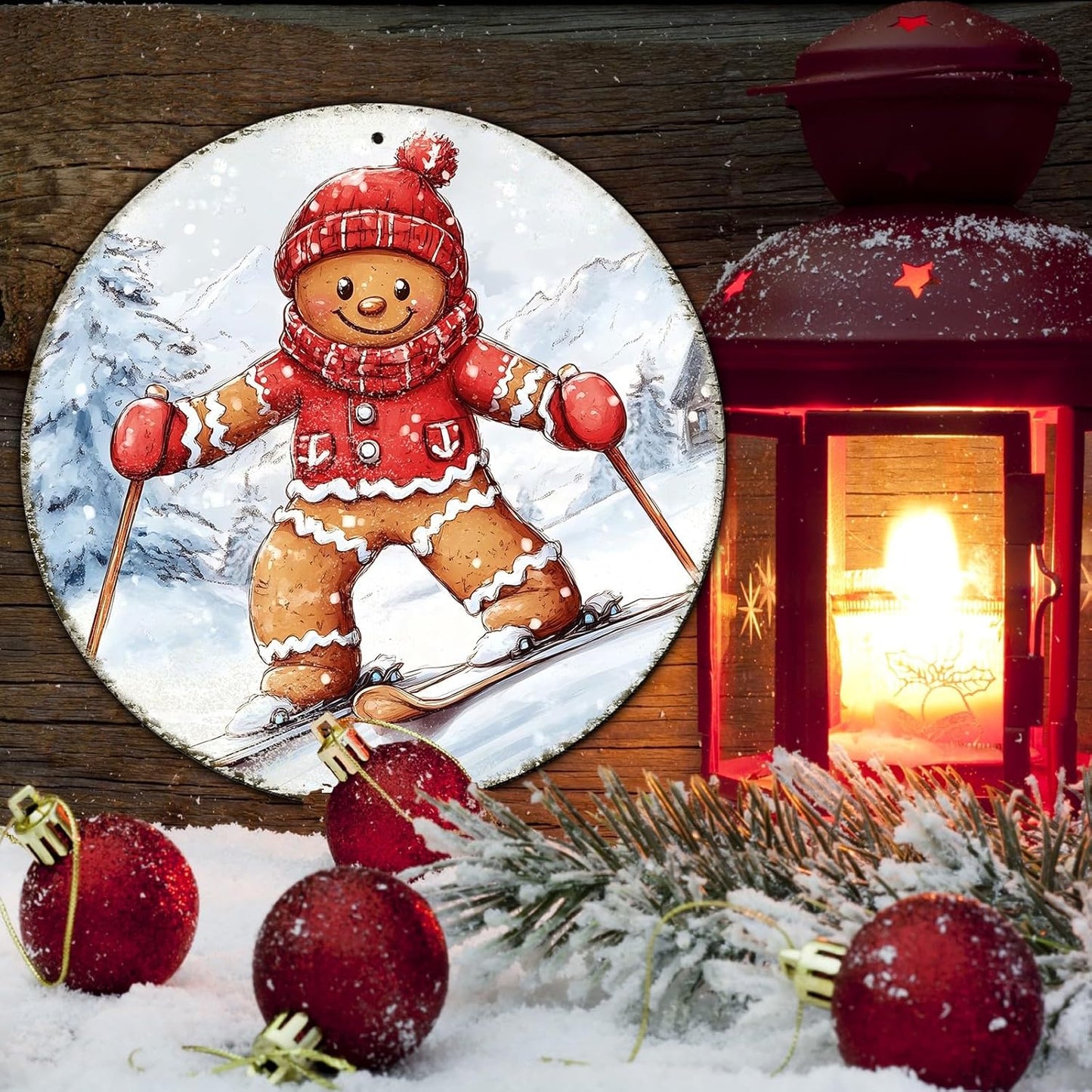 Round Gingerbread Man Ski Vintage Metal Sign Skiing Sign, Office Sign Home Décor Ski Lodge Décor Cabin Tin Sign 12 * 12 in