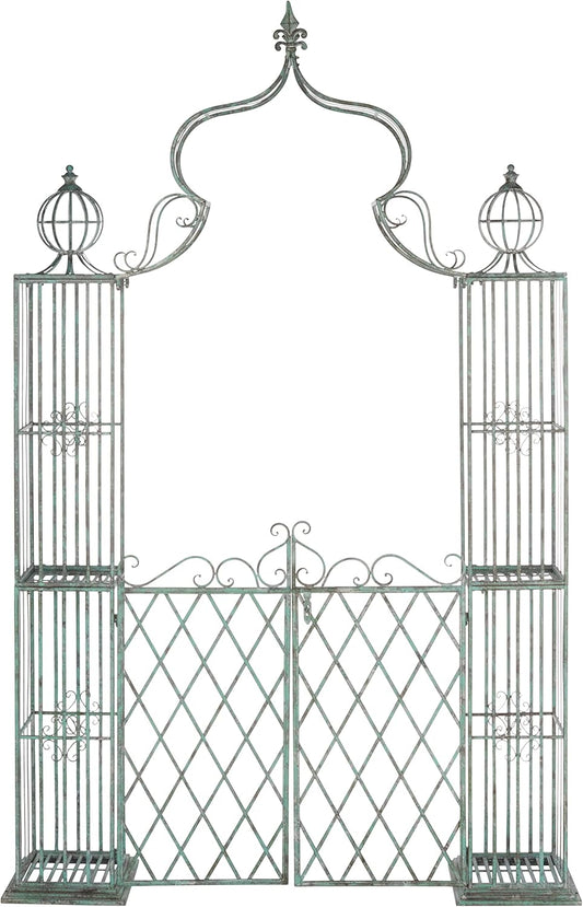 SAFAVIEH Outdoor Collection Beatrix Victorian Antique Dark Green Wrought Iron Trellis Garden Arch Arbor
