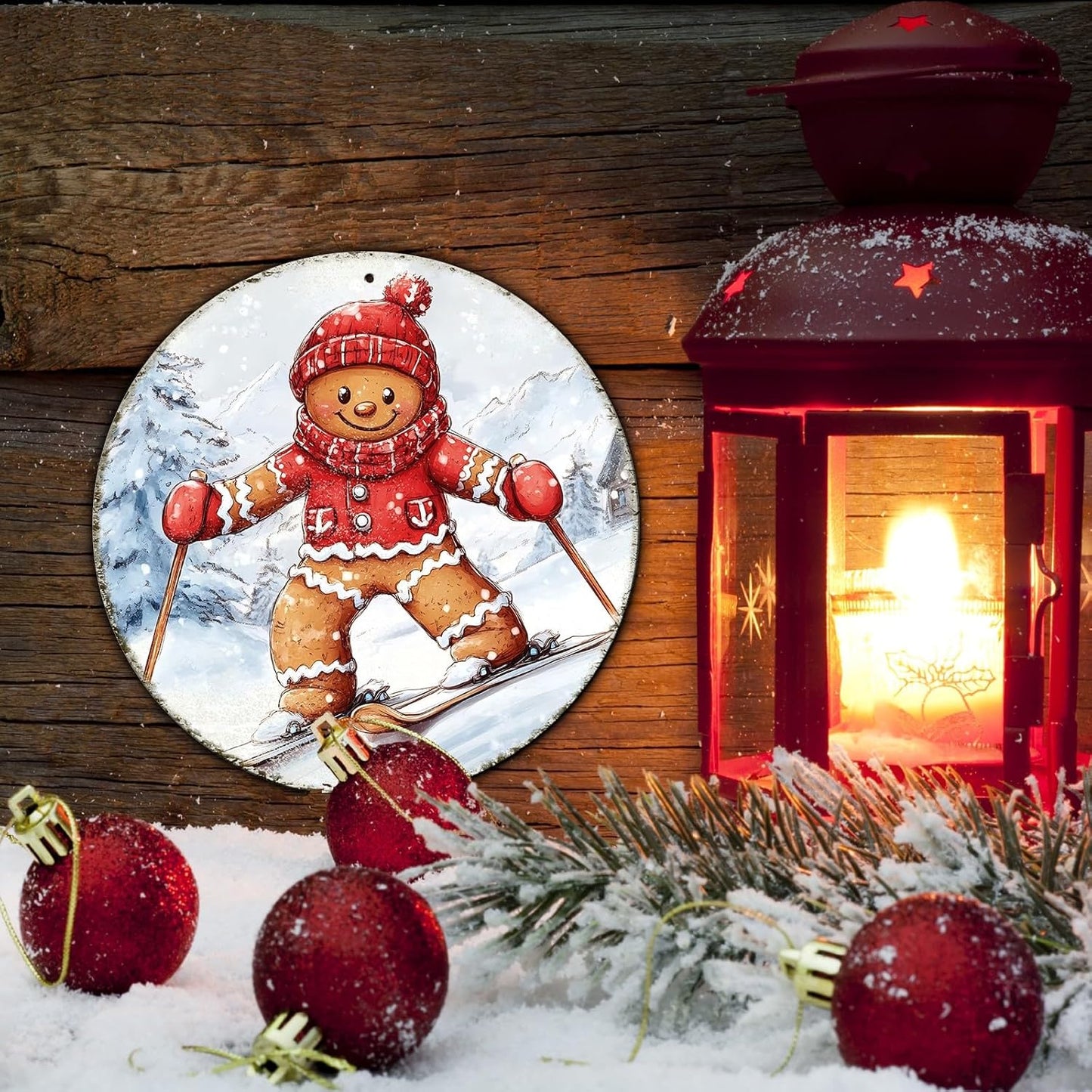 Round Gingerbread Man Ski Vintage Metal Sign Skiing Sign, Office Sign Home Décor Ski Lodge Décor Cabin Tin Sign 8 * 8 in