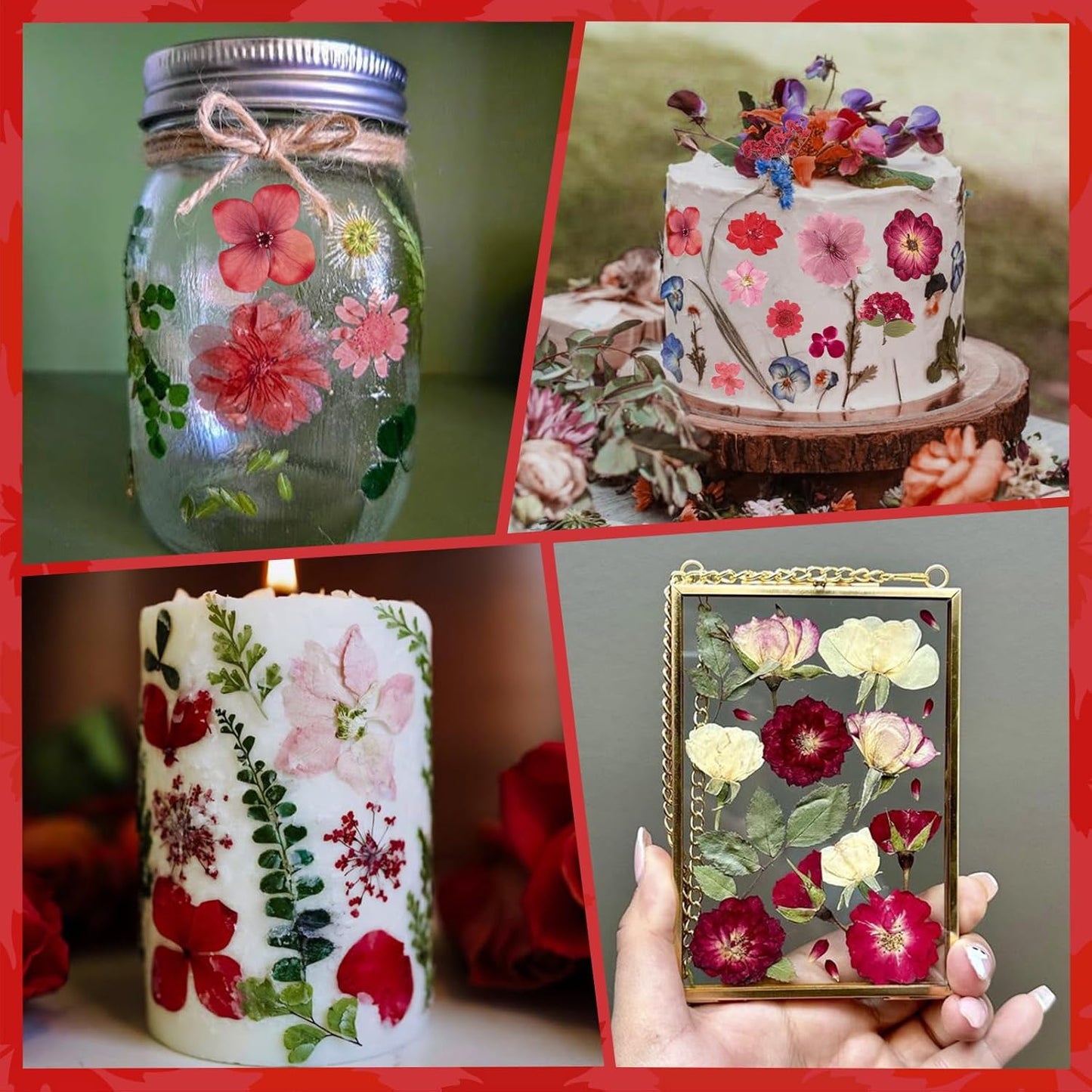 101 PCS Red Dried Pressed Flowers for Christmas Crafts Resin, Red Real Nature Flowers Bulk for DIY Holiday Cake Card Scrapbook Supplies, Large Dried Flowers for Soap Candle Making