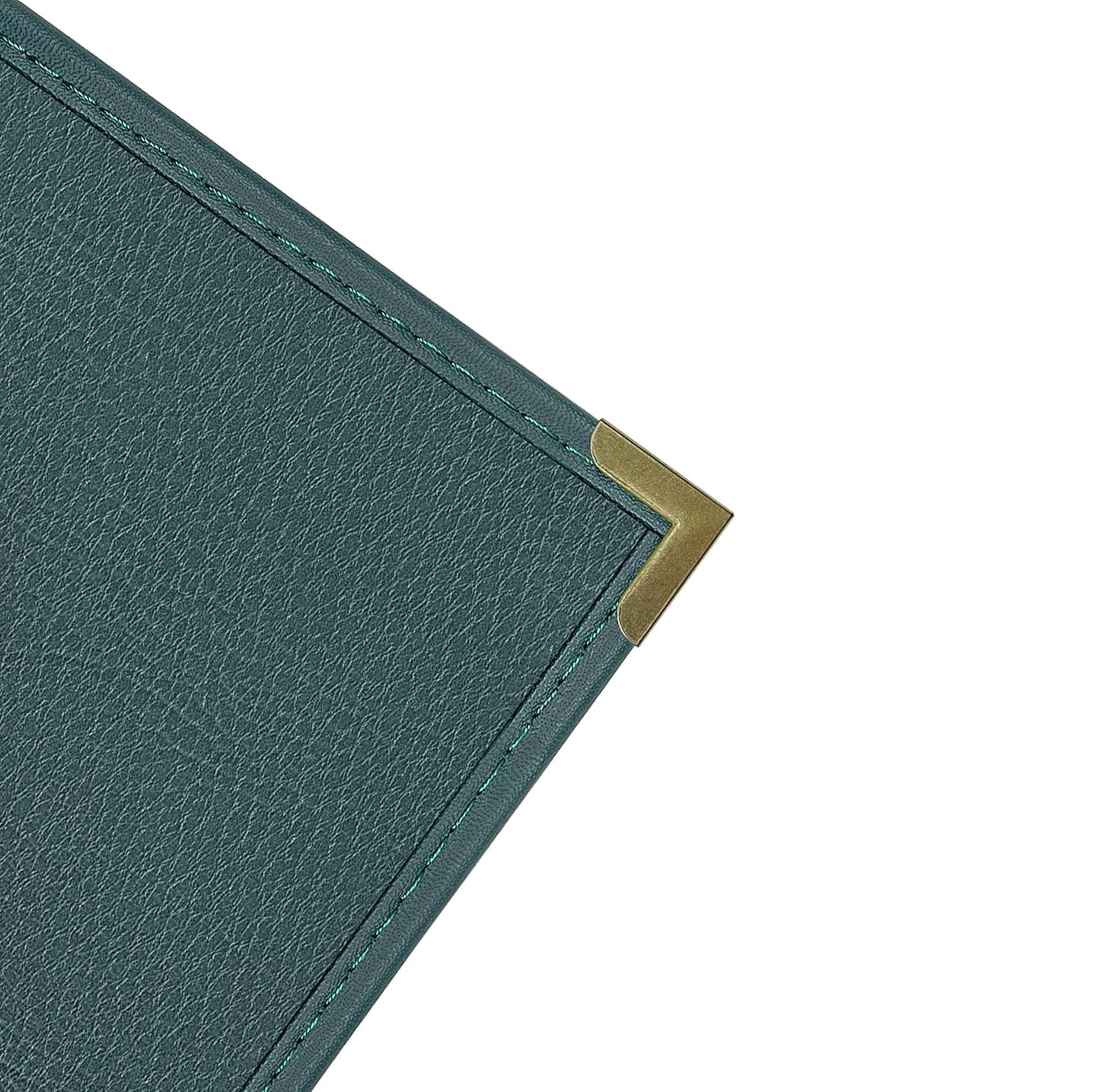 Goodsmart Pajco Style Restaurant Menu Covers – Pack of 10, Side-Loading Menu Holders, Single Stitched Edge, Clear Vinyl Menu Sleeves, Leatherette Trim, Gold Corners, Green, 6 View (8.5" x 11")