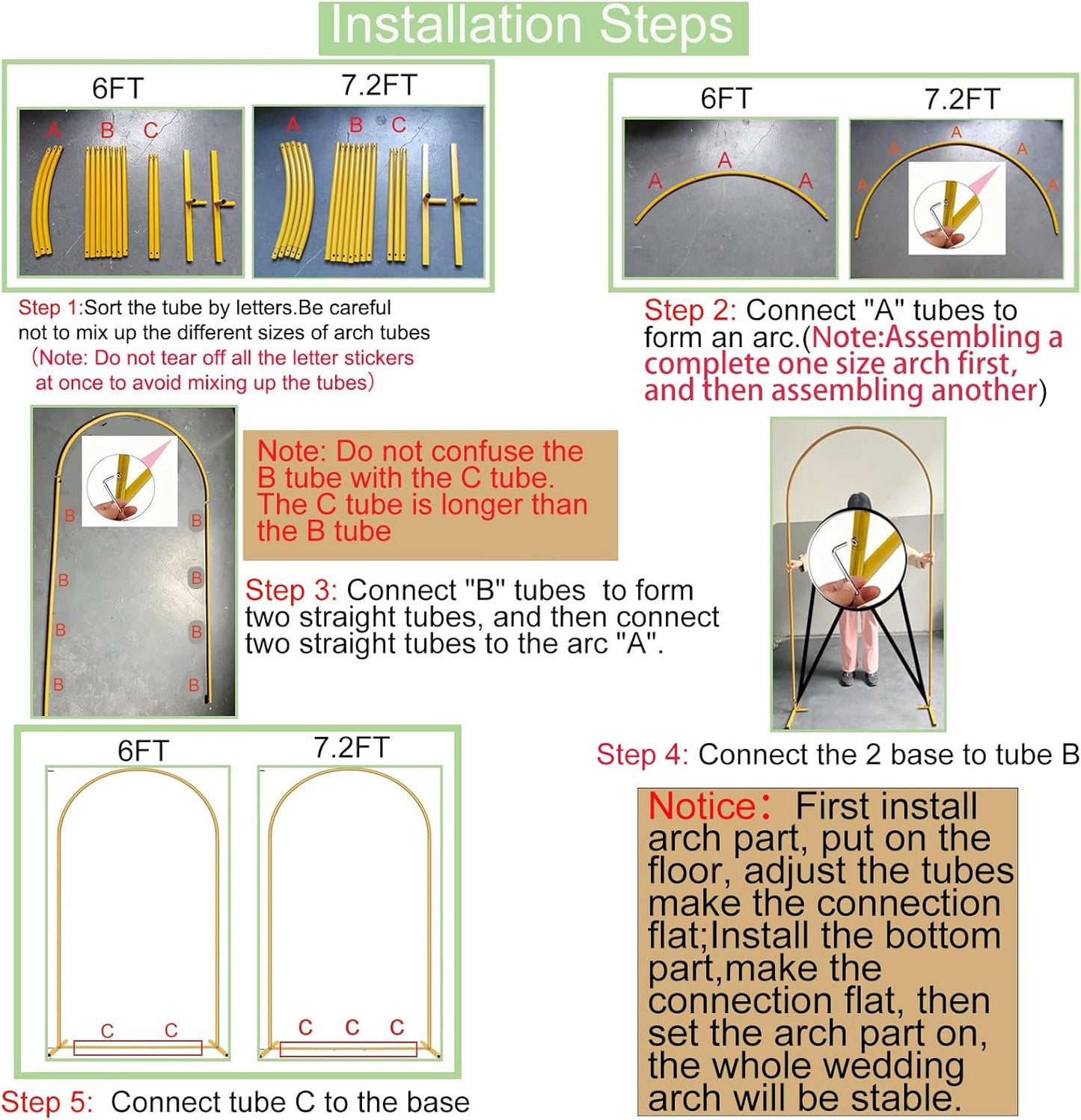 Metal Arch Backdrop Stand 7.2FT+6FT Wedding Arch Backdrop Stand Set of 2 Gold Arch Backdrop Stand for Party Wedding Ceremony Baby Shower Birthday Floral Balloon Decration