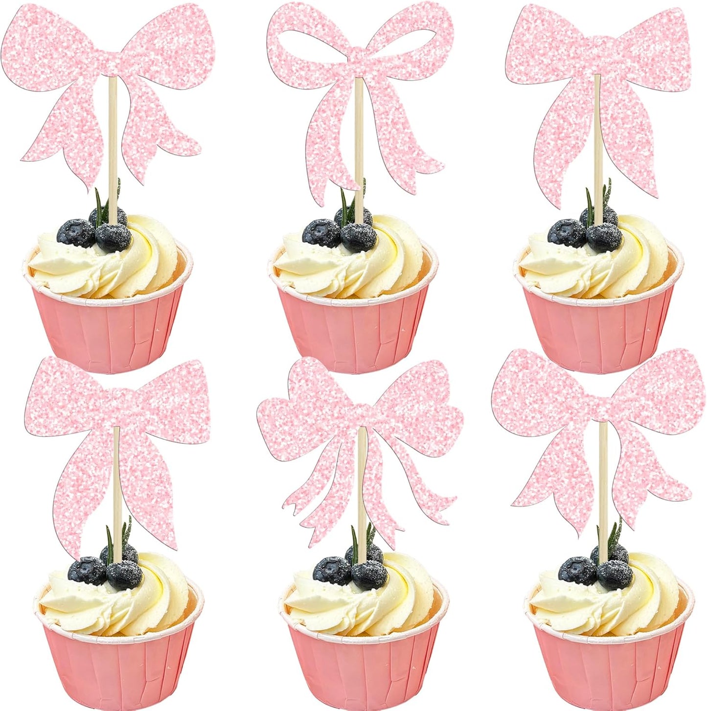 Gyufise 36Pcs Bow Cupcake Toppers Glitter Girls Birthday Decorations Bowknot Cupcake Picks Bow Tie Birthday Decorations Bow Cake Toppers for Bridal Baby Shower Bachelorette Party Supplies Light Pink