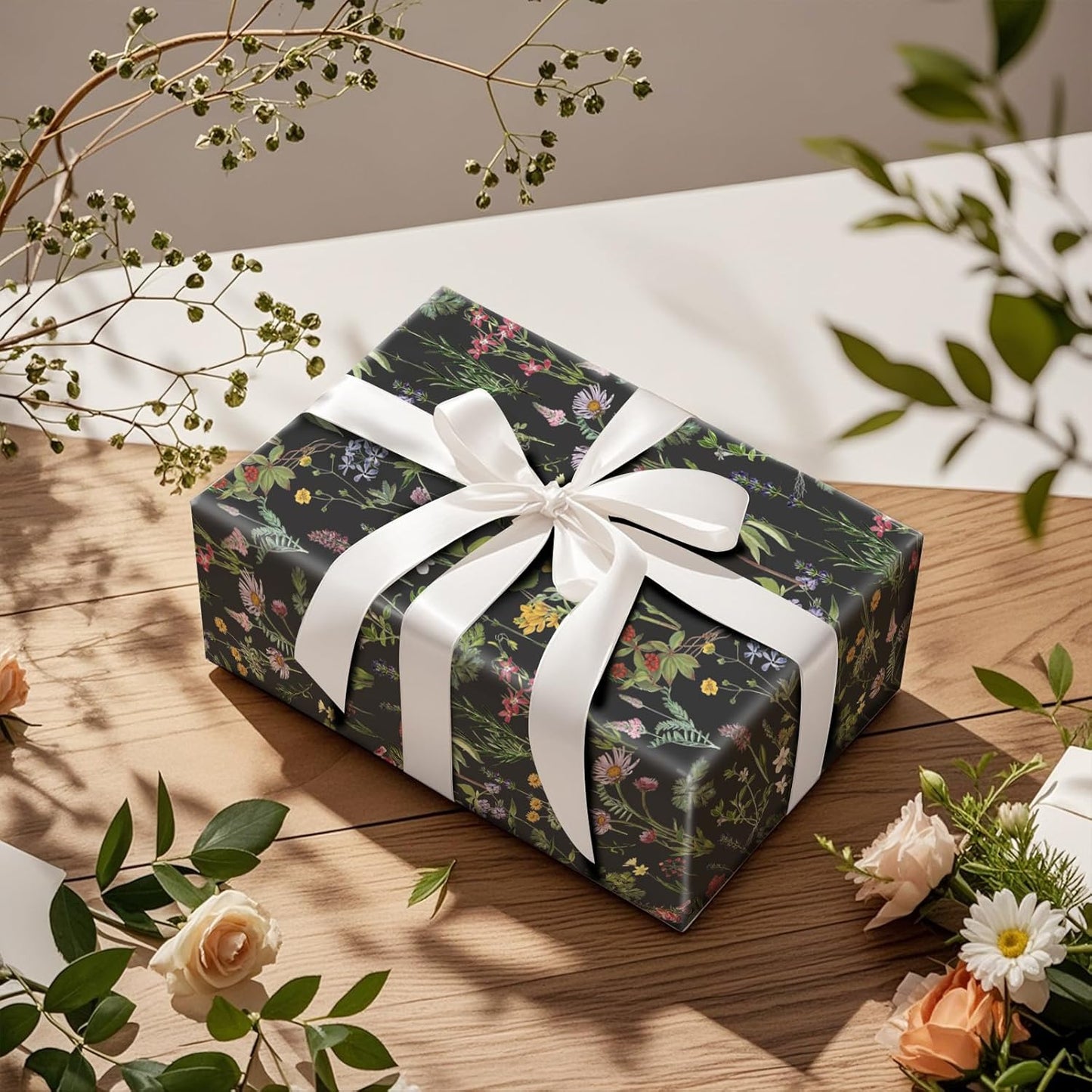 RUSPEPA Wild Flower Wrapping Paper Roll for Women Girls, Mini Roll, Elegant Black Floral Design Gift Wrap Paper Perfect for Birthday, Bridal Shower, Spring, Wedding, Mother's Day, 17 Inch x 16.4 Feet