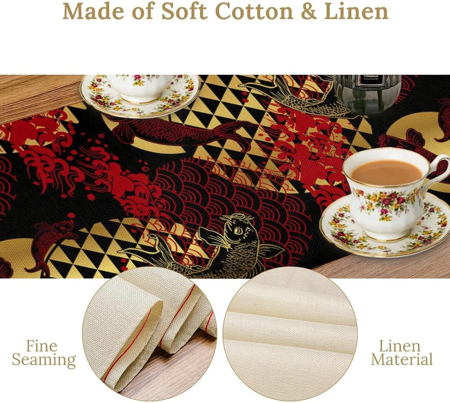 Japanese Table Runner Oriental Tradition Kio Fish Red Art Printed Burlap Runner Home Kitchen Dining Table Living Room Decor Fabric 1 Panel W13xL70in