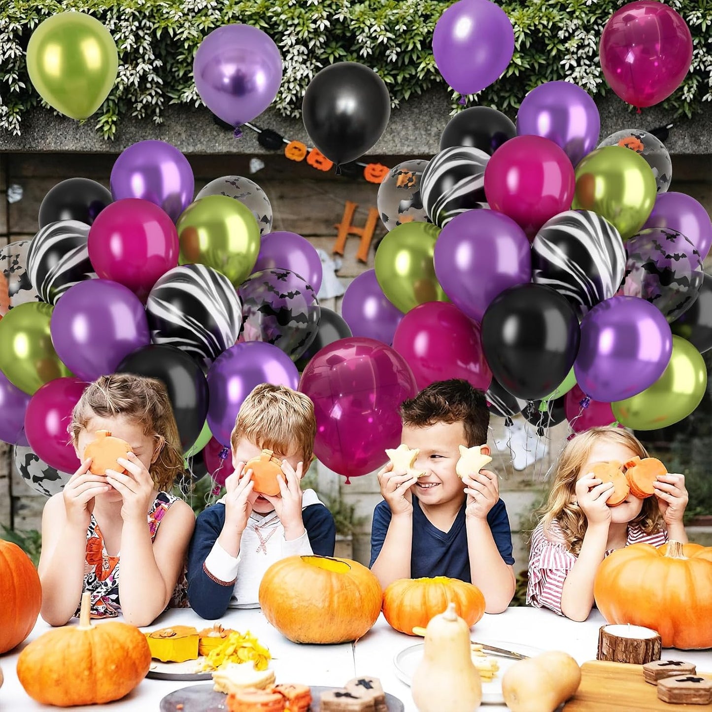 Paready Black Purple Pink Halloween Balloons, 60 Pcs Hot Pink Black Green Party Balloons, Metallic Green Purple Balloon Bat Printed Agate Balloon for Halloween Birthday Home Garden Party Decoration