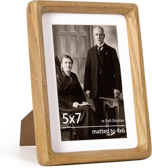 5x7 Wooden Picture Frames USA-Sourced Natural Oak Wood Solid Wood Photo Frame Handcrafted Rounded Corner with Mat to 4x6 Picture Display with Real Glass Family Picture, Wedding Picture