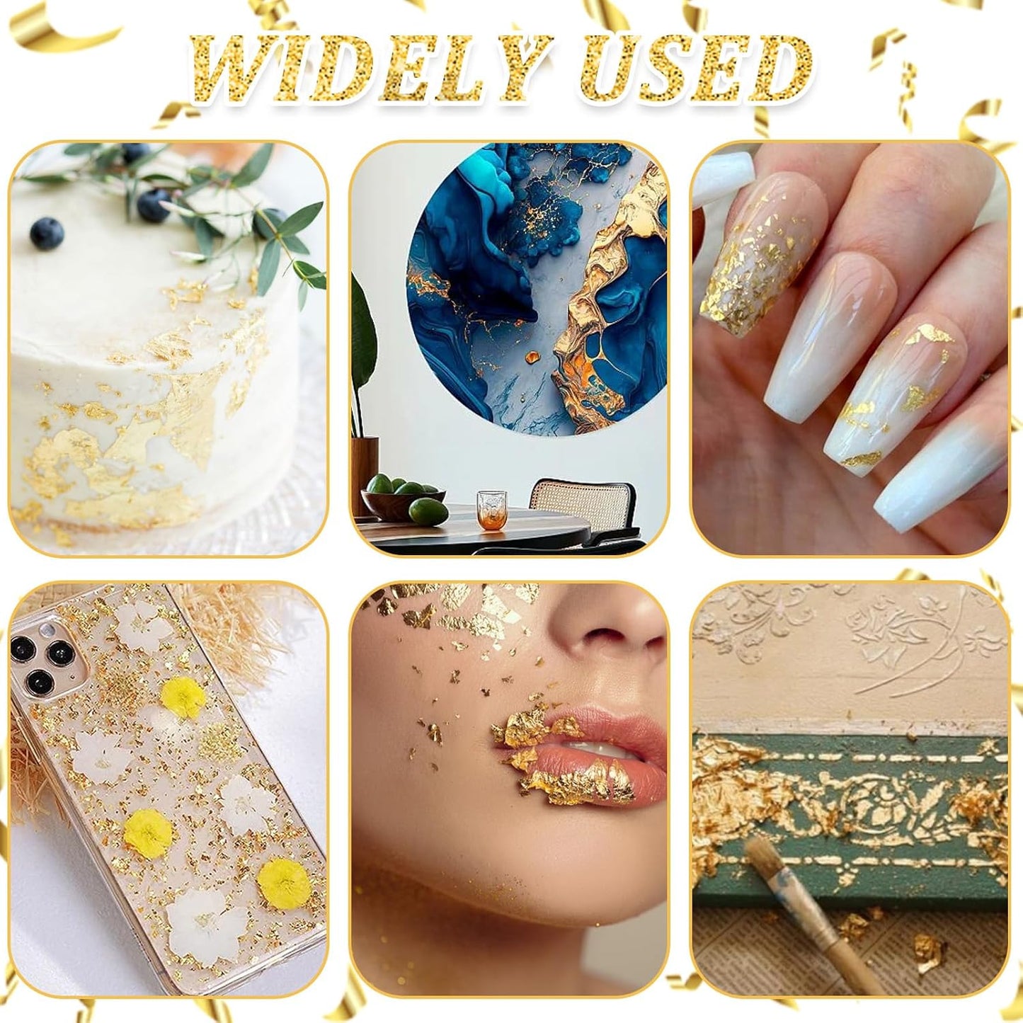 6Pcs Decorative Gold Leaf, Multifunction Gold Leaf Cake Decoration Baking Foil Decor for Cooking Dessert Steak Decoration Crafts Makeup Leaves with Plastic Tweezers