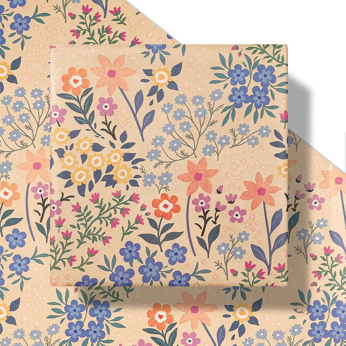 RUSPEPA Kraft Floral Wrapping Paper Roll for Girls Women, Mini Roll, Garden Flower Design, Wildflower Kraft Gift Wrap for Birthday, Spring, Summer, Mother's Day, Bridal Shower, 17 Inches x 9.8 Feet