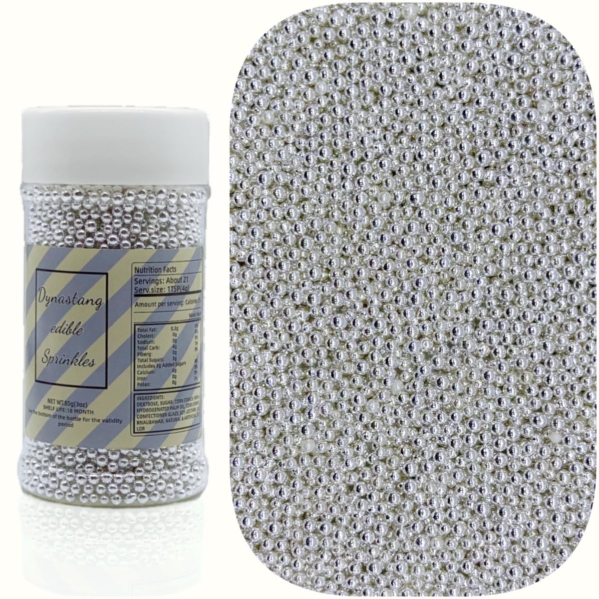 Dynastang 2mm Silver Pearls Sprinkles Edible Pearls Cake Decorating Stars Cake Decorations Cupcake Toppers Cookie Decorating Perfect for Cakes, Cupcakes, Desserts Toppings 3OZ