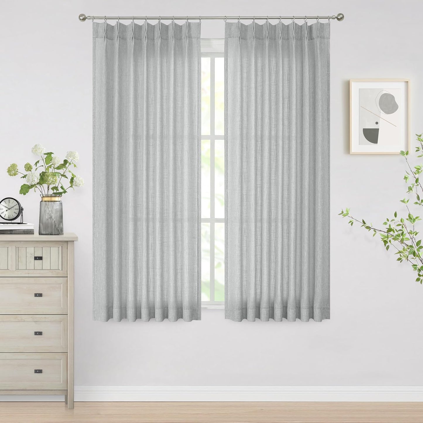 Vision Home Gray Pinch Pleated Semi Sheer Curtains Textured Light Filtering Window Curtains 72 inches for Living Room Bedroom Silver Grey Pinch Pleat Drapes with Hooks Back Tabs 2 Panels 40" Wx72 L