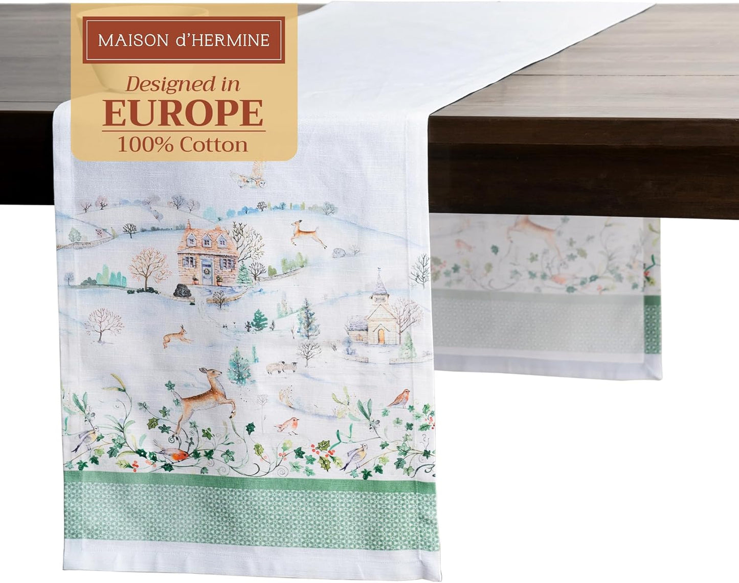 Maison d' Hermine Table Runner 100% Cotton Single Layer Table Runners 108 inches Long for Thanksgiving Christmas Decorations Home Kitchen Dining Party Wedding (Snowy World, 14.5" x 108")