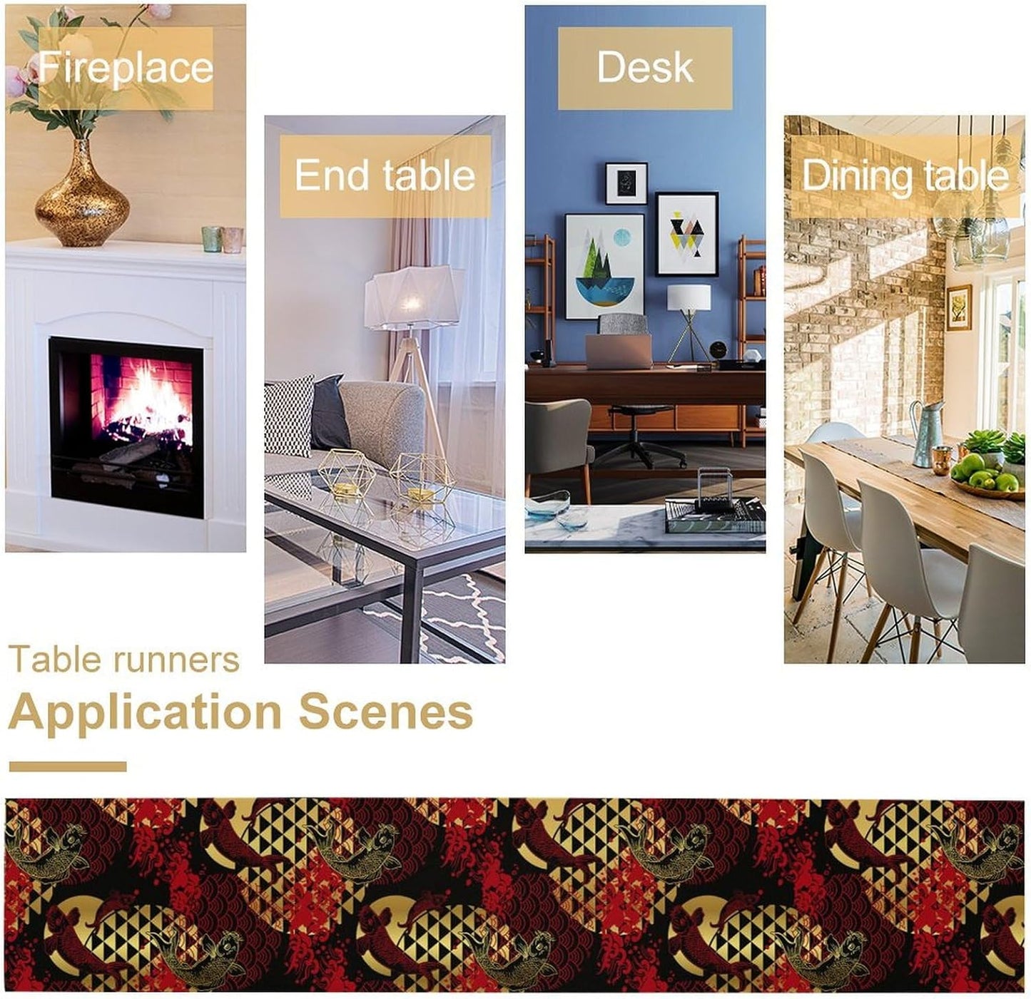 Japanese Table Runner Oriental Tradition Kio Fish Red Art Printed Burlap Runner Home Kitchen Dining Table Living Room Decor Fabric 1 Panel W13xL90in