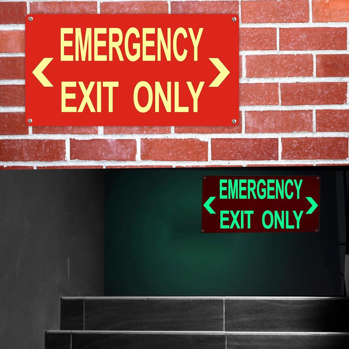 (2Pack) Photoluminescent Emergency Exit Sign Red, Glow In The Dark Aluminum Exit Sign - Adhesive Backing - 4pcs Removable Arrows Included - 14.25 x 7.5 Inches - Non Electrical Exit