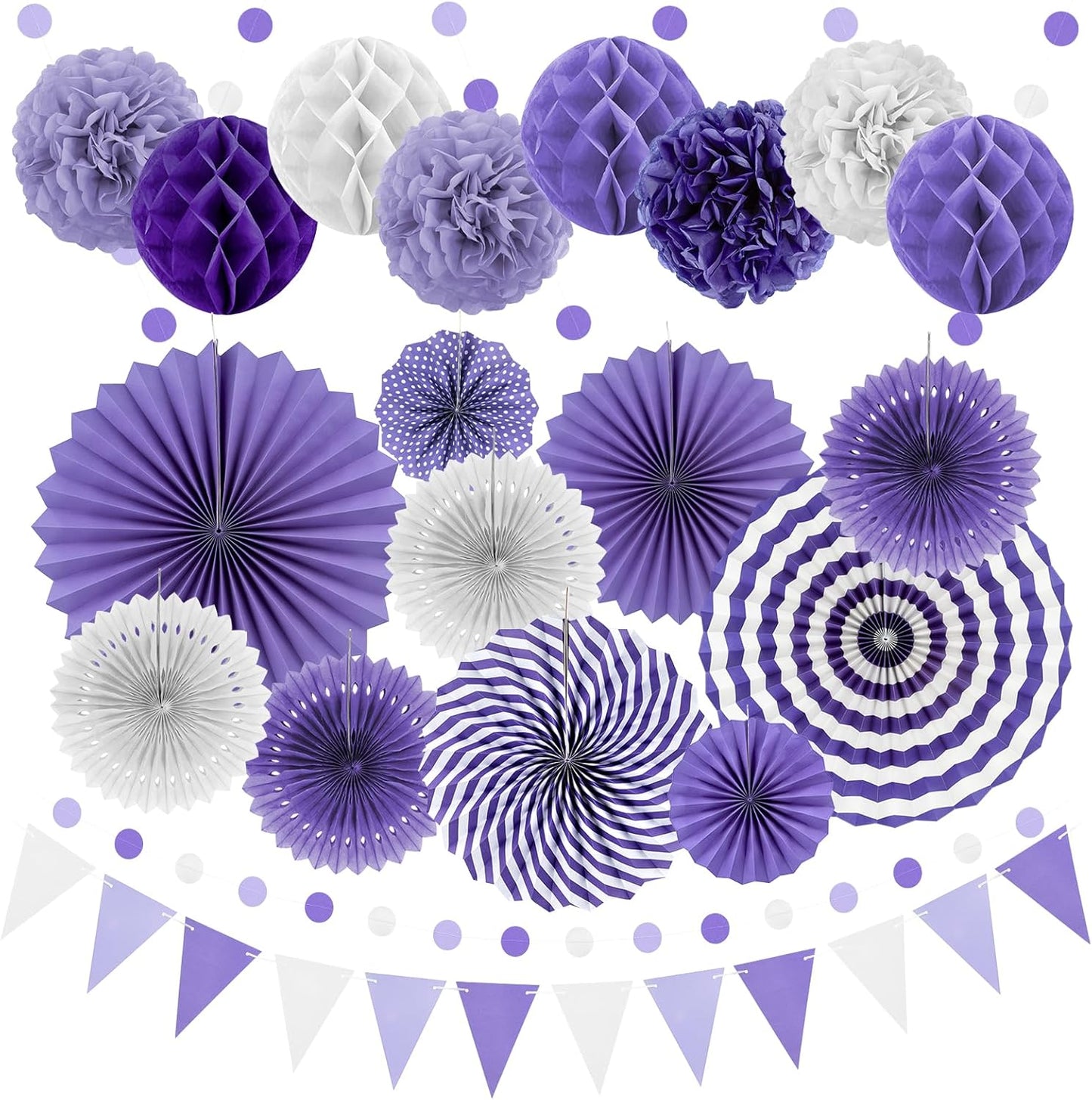 Purple Party Decorations,23Pcs Lavender Birthday Decorations with Hanging Paper Fans,Pom Poms Flowers Packs for Girls Women Birthday Party, Bridal Shower,Baby Showers,Wedding