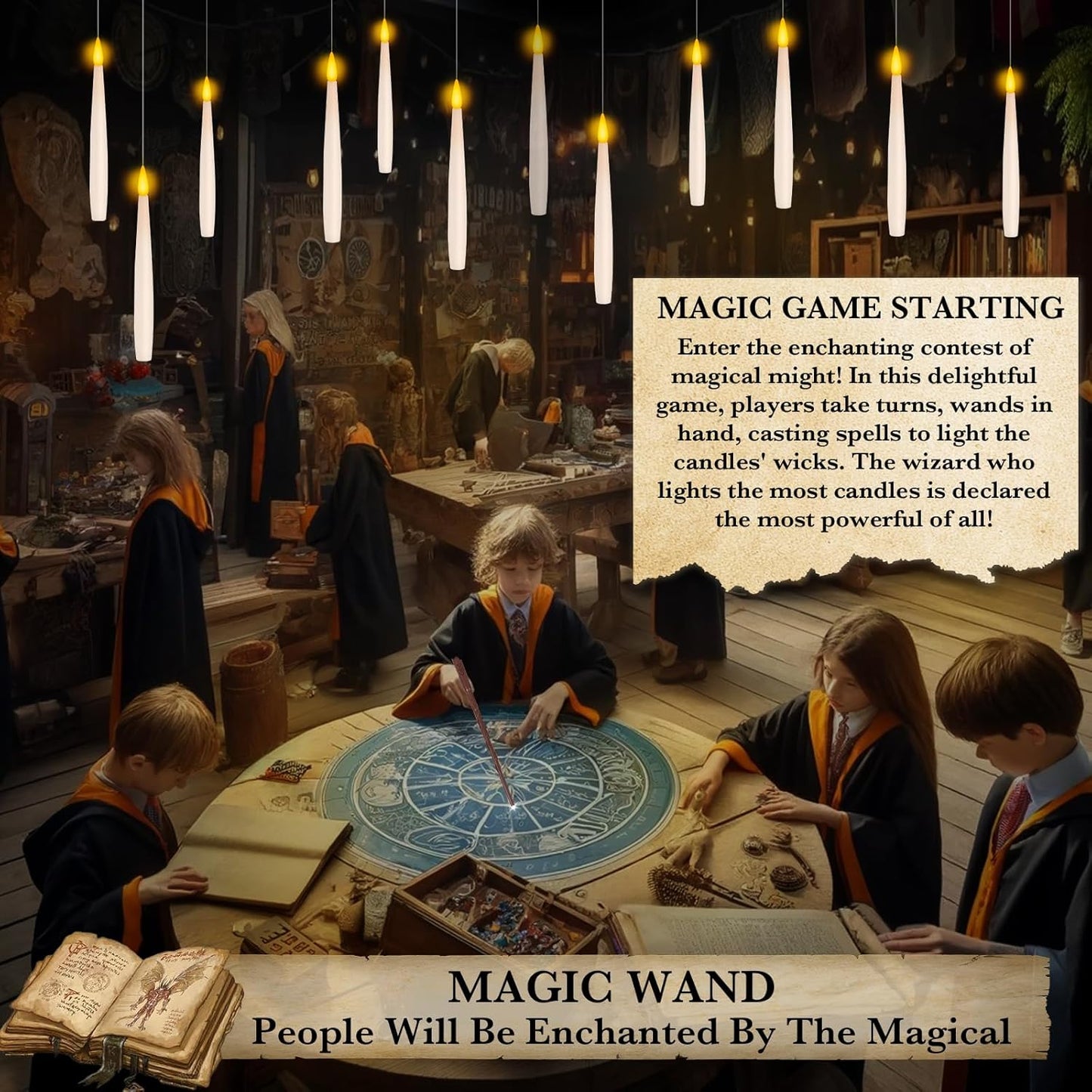 NURADA Floating Candles with Wand Remote Timer - Magic LED Hanging Flameless Taper Candles Flickering Battery Operated for Birthday Theme Party Halloween Home Window Decor - White 12 Pack