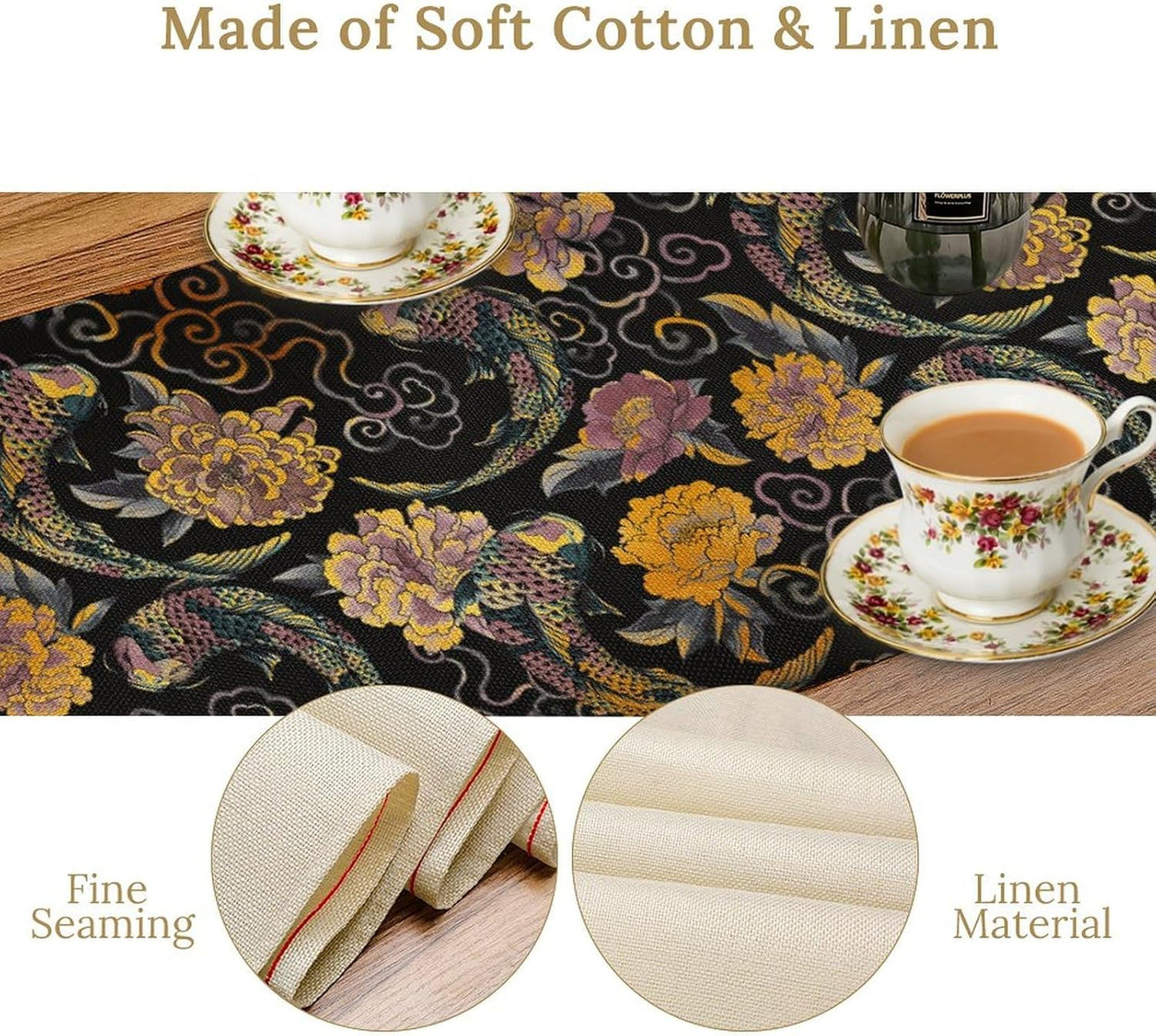 Japanese Table Runner Retro Flowers Oriental Tradition Kio Fish Art Printed Burlap Runner Home Kitchen Dining Table Living Room Decor Fabric 1 Panel W13xL108in