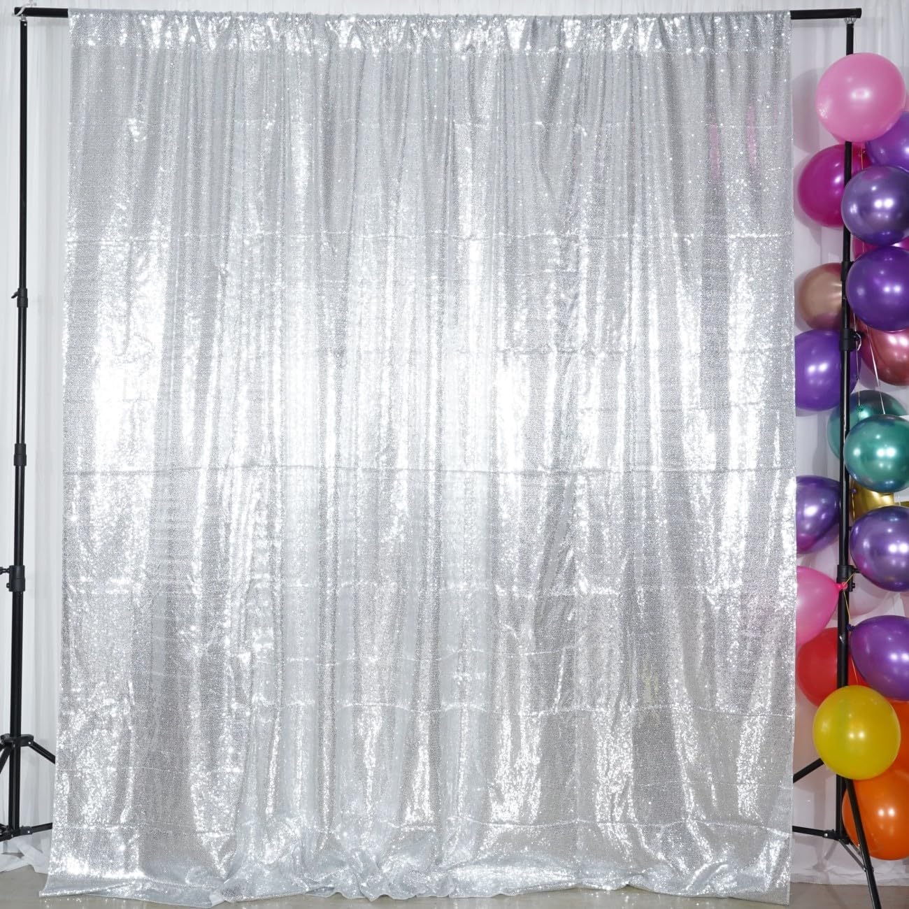 Poise3EHome 6Ft x 6Ft Silver Sequin Backdrop Curtain, Glitter Thick Satin Background Drapes, Sparkly Opaque Photography Curtain, Sequence Xmas Thanksgiving Backdrop for Wedding Party Decor