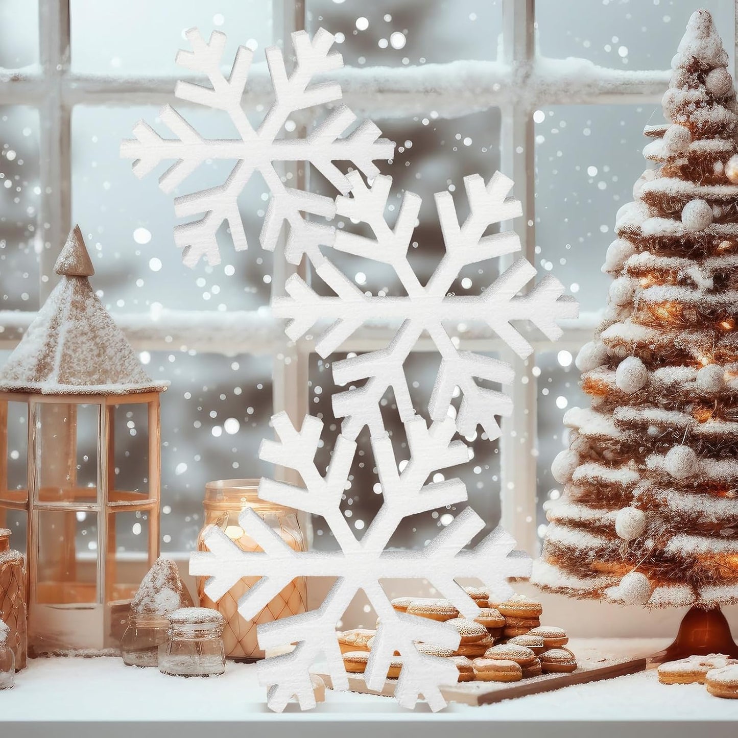 Thyle 3 Pcs Foam Snowflake Table Decor 3D Christmas Tabletop Signs Winter Decorations White Snowflake Centerpiece for Christmas Xmas Party Decor