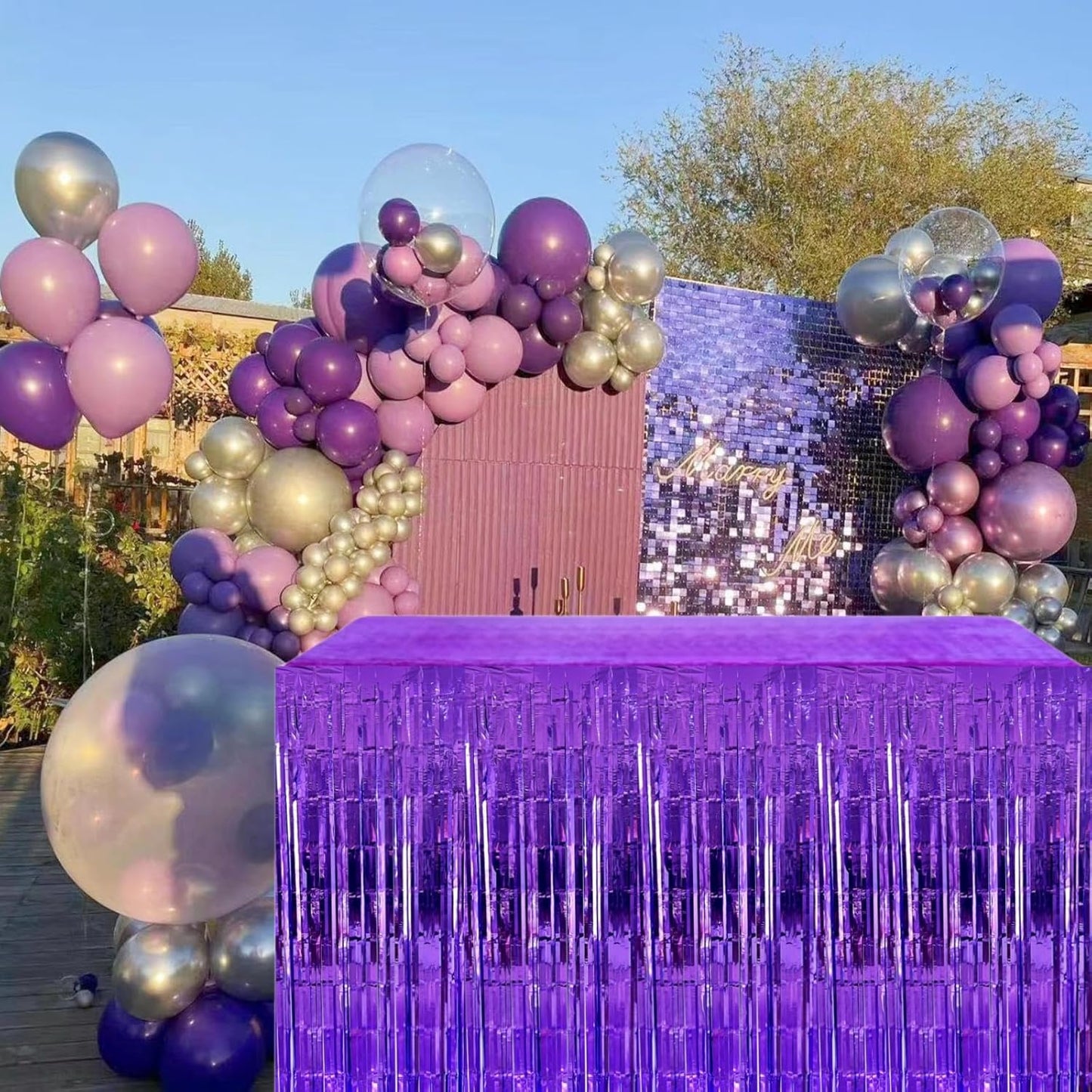 Purple Streamers Party Decorations, 2 Packs Purple Table Skirts Metallic Foil Fringe Tinsel for Birthday Graduation Mermaid Easter Wizard Float Parade Mardi Gras Halloween Party Supplies - 29x108 Inch