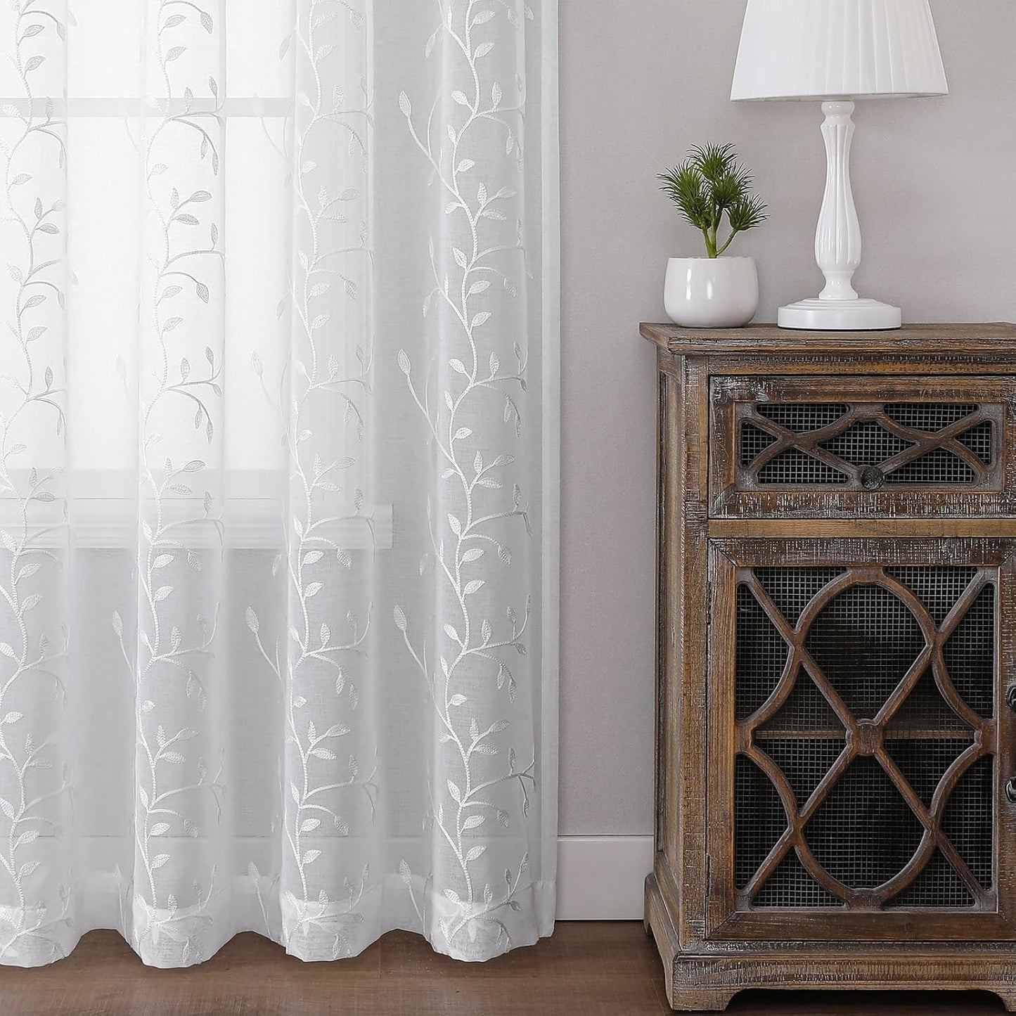 VISIONTEX White Sheer Voile Curtains, Decorative Leaves Embroidery Faux Linen Rod Pocket Window Drapes for Home Kitchen, Living Room and Bedroom 54 x 72 Inch, Set of 2 Curtain Panels