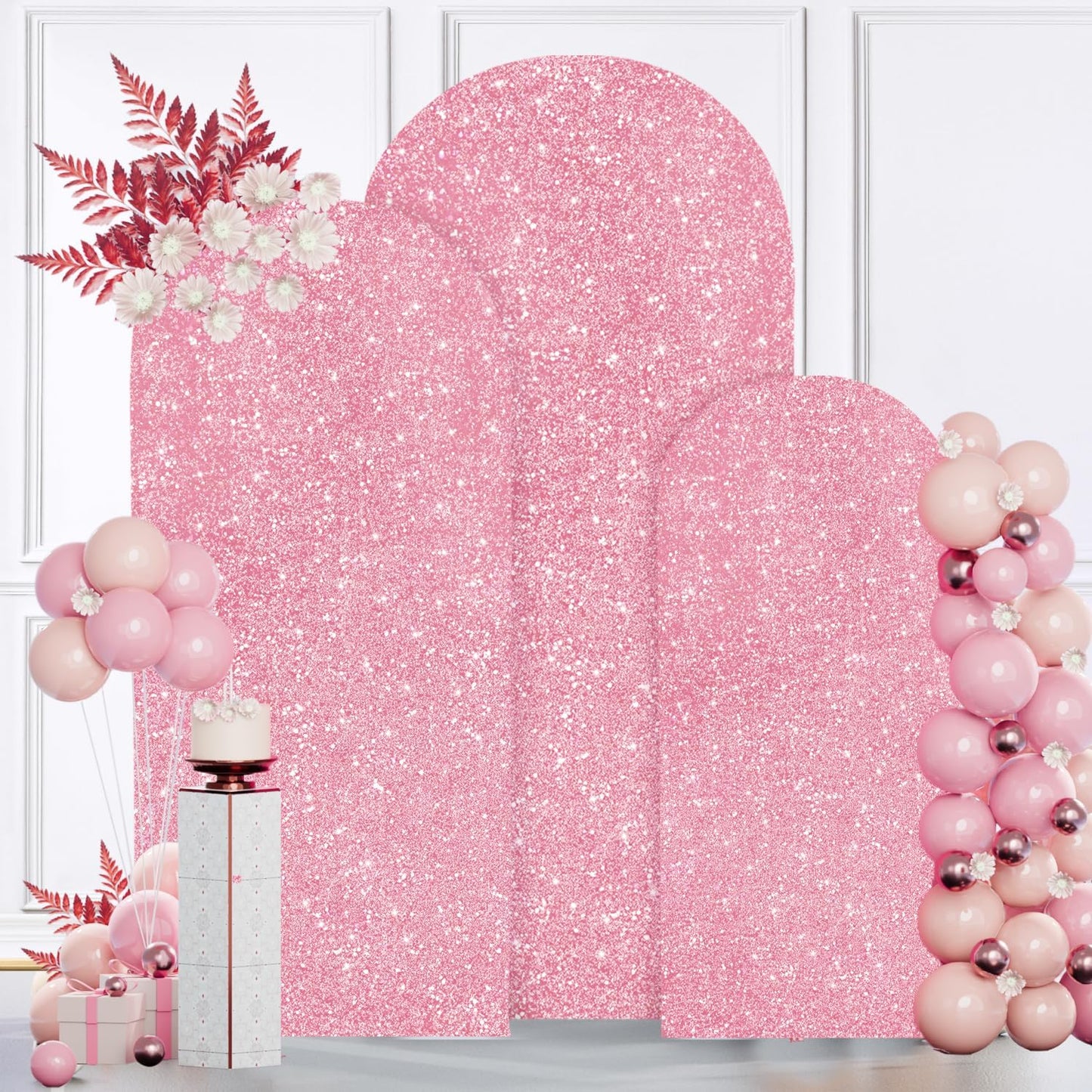 MODFUNS Metal Arch Backdrop Stand and Cover Set 6&6.6&7.2ft Pink Gold Sequins Arch Backdrop Covers Set of 3 Arched Stands Chiara Arches Cover for Party Banquet Wedding Ceremony Decor