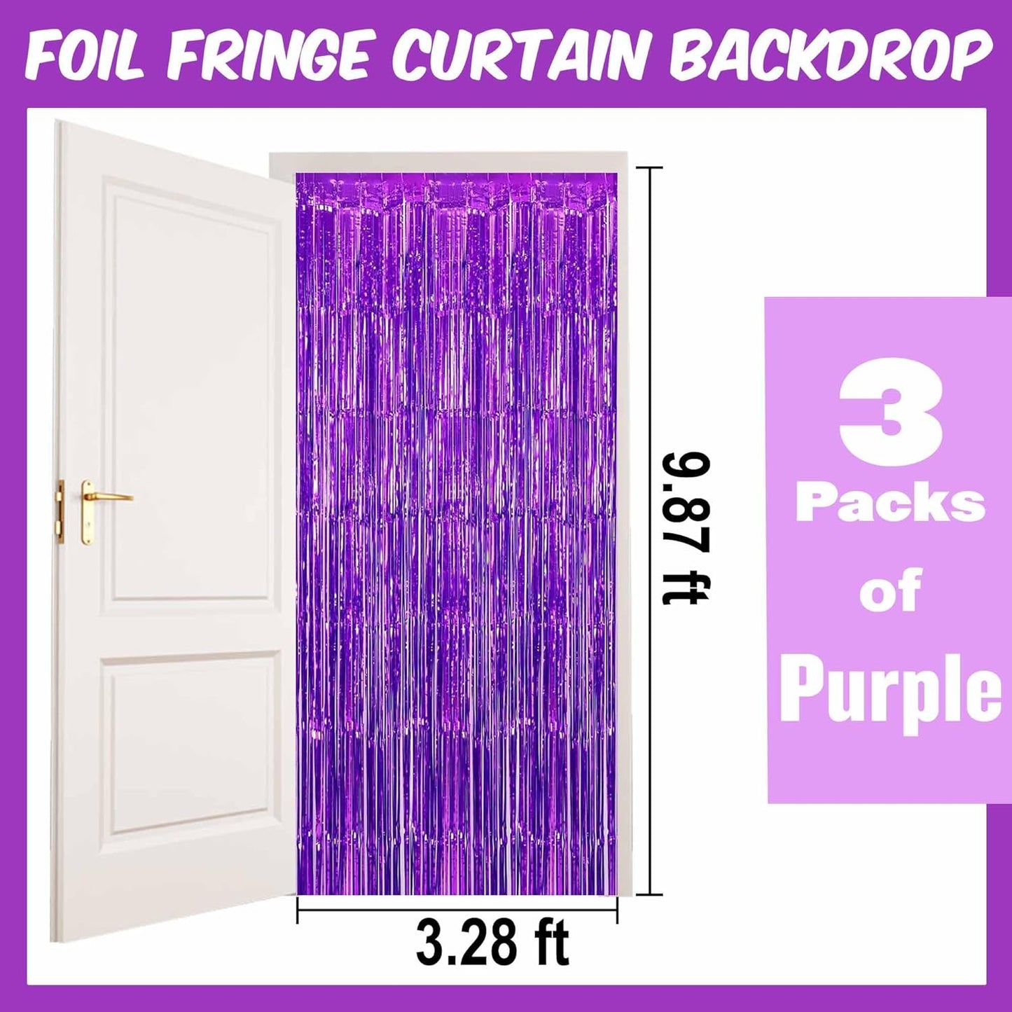 3 Pack Purple Foil Fringe Curtains Backdrop, 3.28 x 9.8 Ft Metallic Streamers Tinsel Curtains Background for Photo Booth, Birthday, Halloween, Christmas, Thanksgiving, New Year Party Decorations