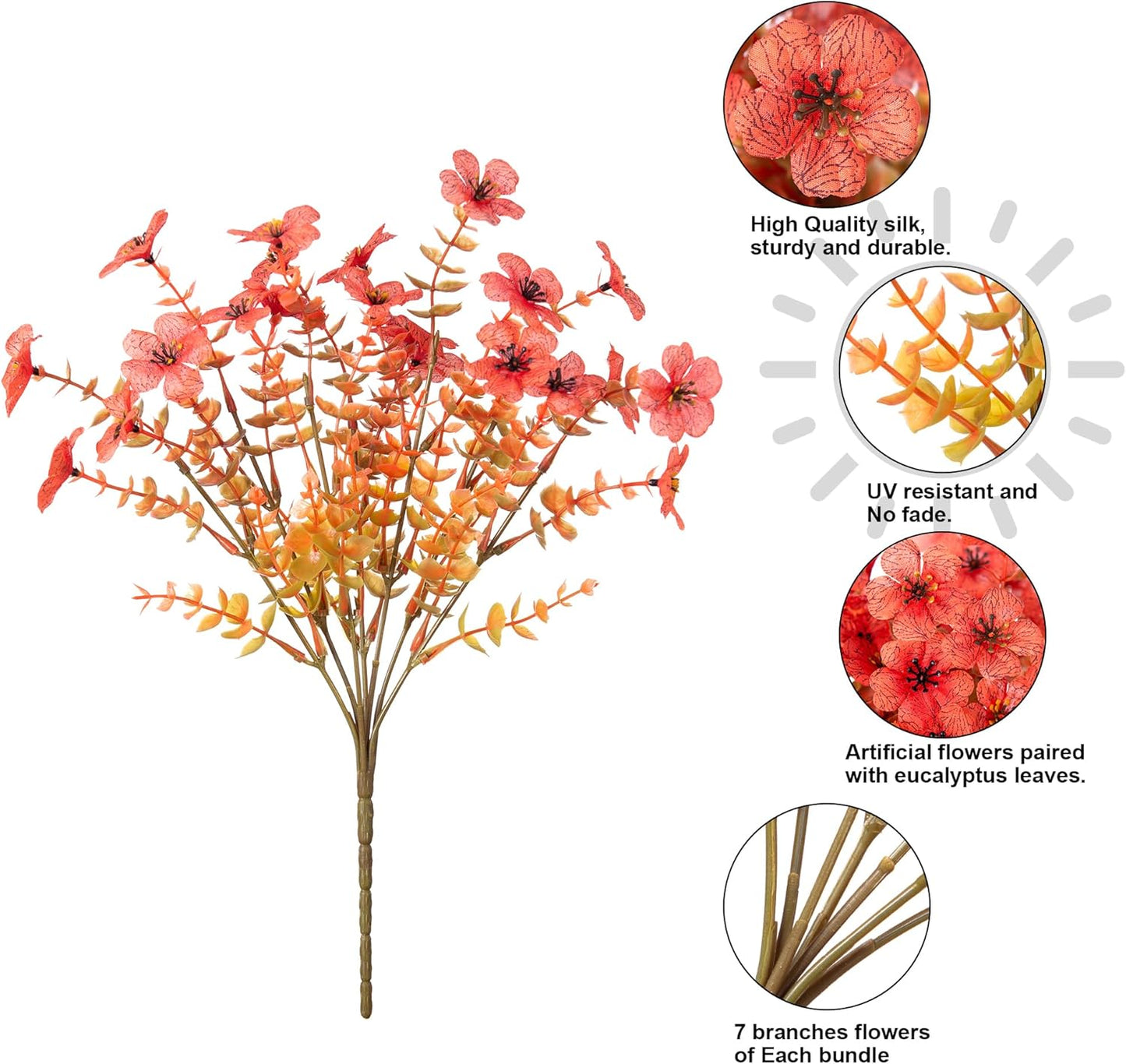 HyeFlora Artificial Fall Flowers Faux Mums for Outdoor Indoor Garden Home Decoration, Faux Flower Daisy with Eucalyptus Leaves Fake Mums Plants Greenery Boxwood Porch Patio, 12 Bundles (F Orange)