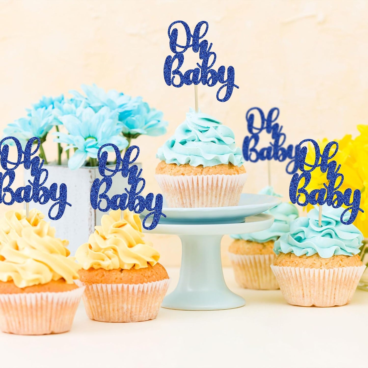 Gyufise 36Pcs Oh Baby Cupcake Toppers Glitter Baby Shower Oh Baby Cupcake Picks for Gender Reveal Baby Shower Kids Boys Girls Birthday Party Cake Decorations Supplies Dark Blue