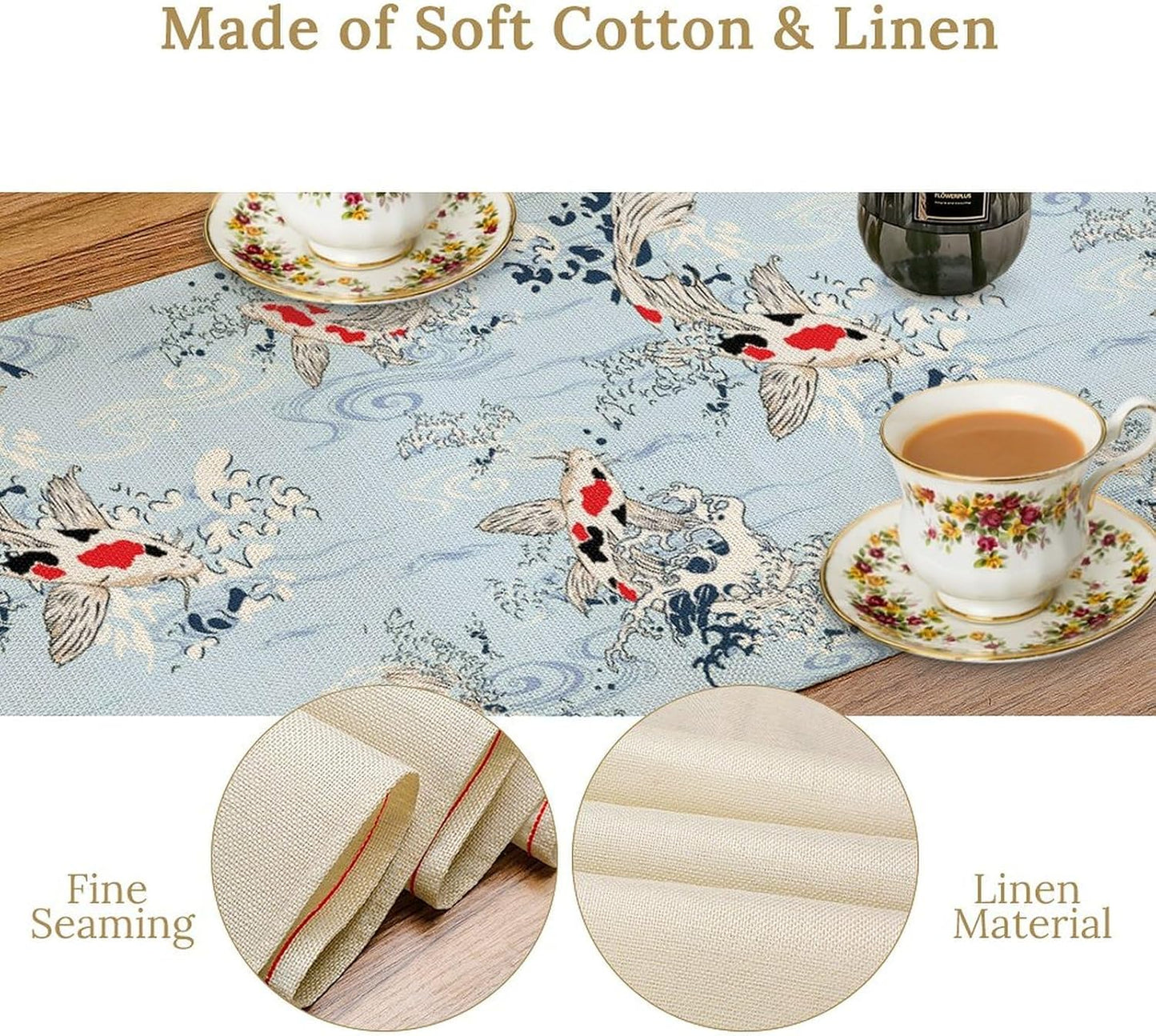 Kio Fish Table Runner Waves Retro Japanese Tradition Art Printed Burlap Runner Home Kitchen Dining Table Living Room Decor Fabric 1 Panel W13xL60in