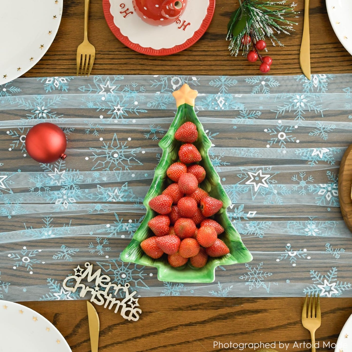 Artoid Mode Blue Snowflakes Christmas Gauze Table Runner 120 Inch 10FT, Winter Seasonal Sheer Dining Holiday Wedding Table Decor for Home Party