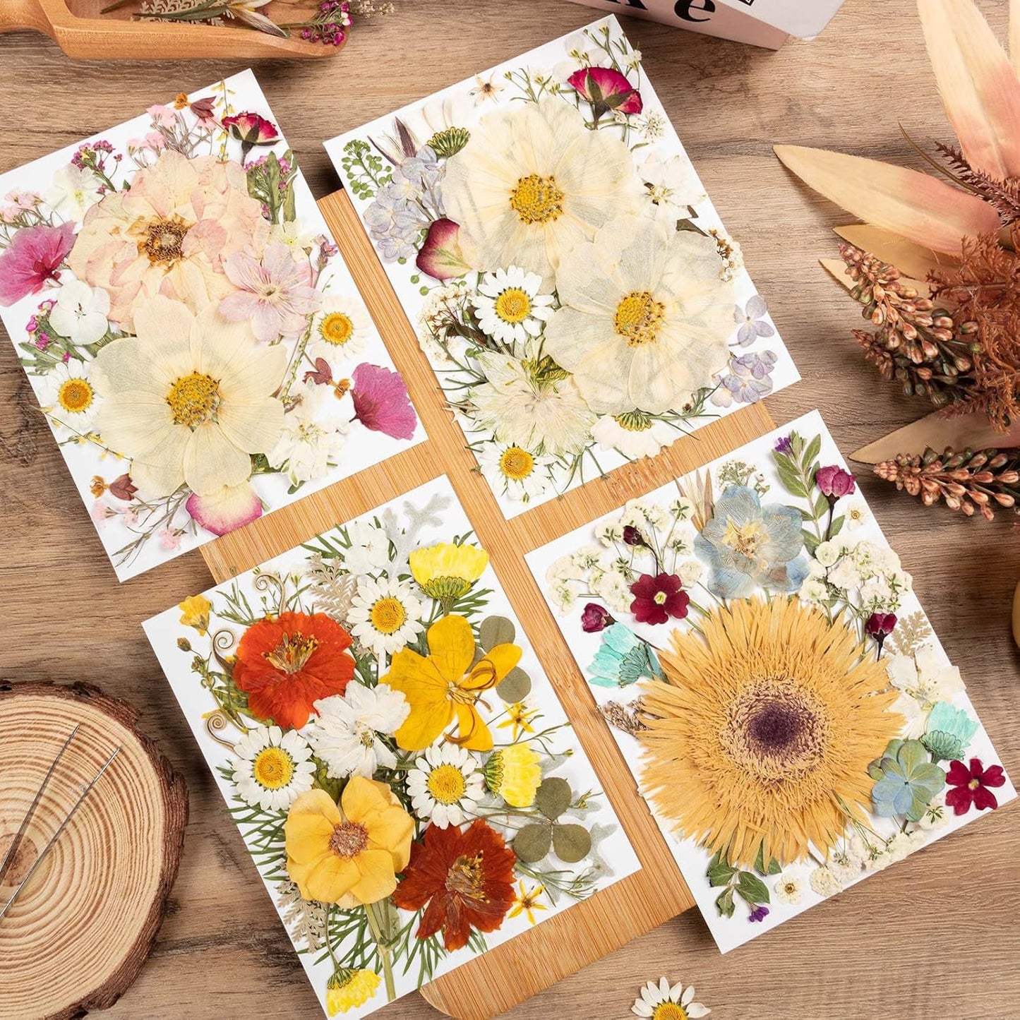 140pcs Dried Pressed Flowers Bulk, Natural Fall Pressed Dried Flowers with Tweezer for DIY Crafts Resin Mold Candles Cake Bridal Scrapbooking Supplies