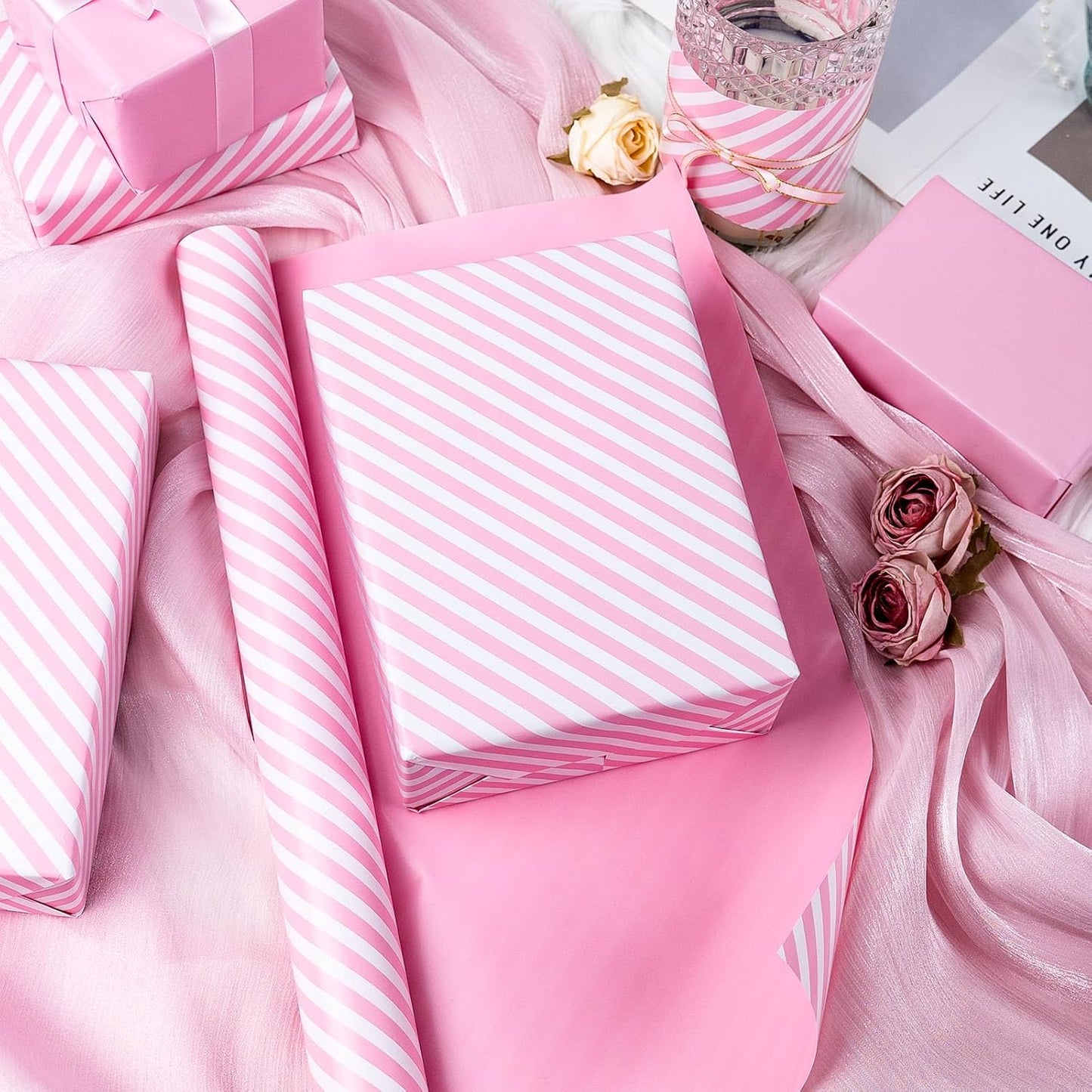 Burymento Pink and White Stripes Wrapping Paper, Reversible Pink Gift Wrap for Birthday, Valentines, Mothers day, Graduation, Wedding, Fathers day, Baby Shower, Christmas (17in x 32.8ft)